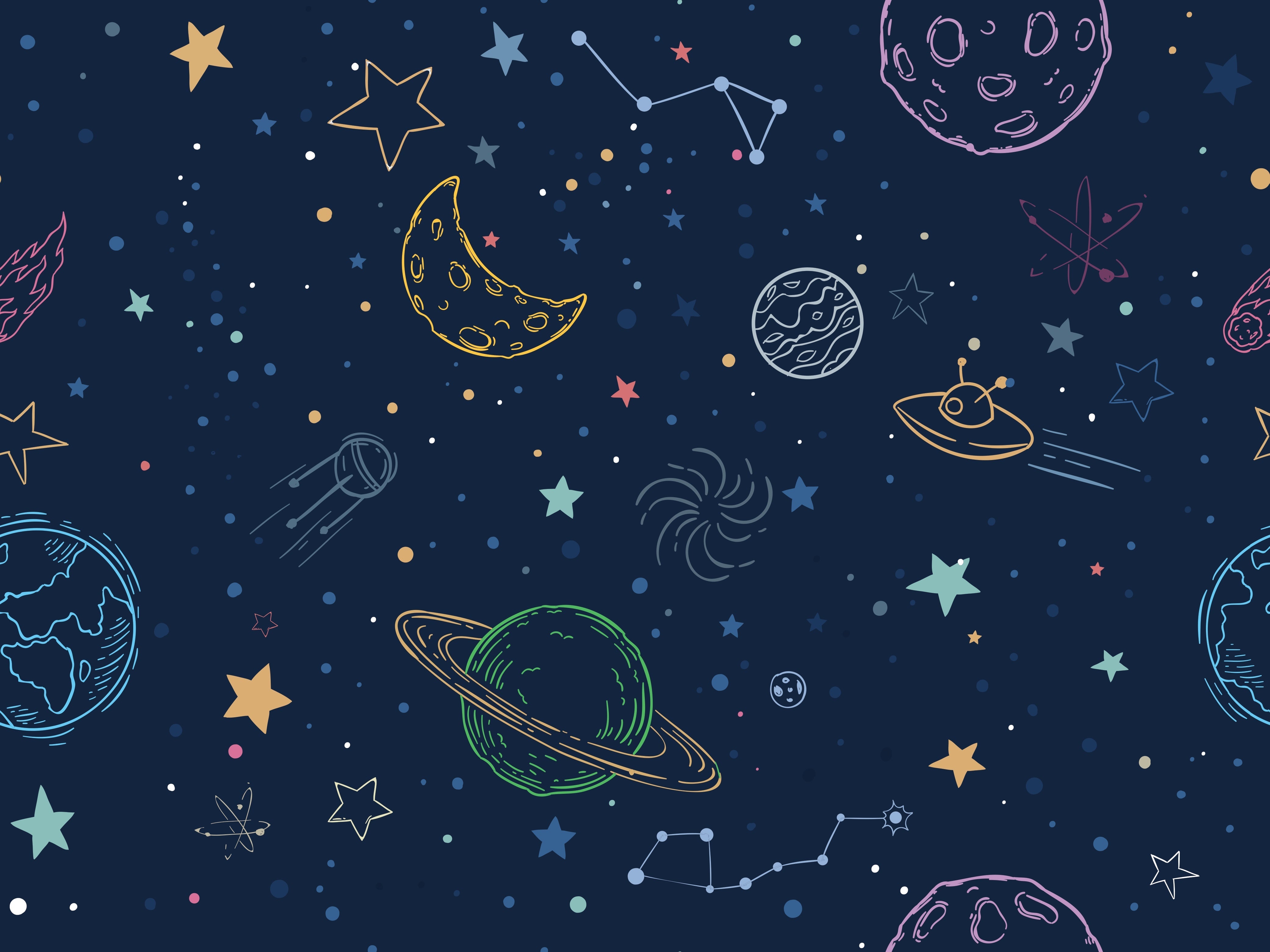 Navy blue celestial pattern with outlined planets, stars and constellations for kids rooms - view 6 - repeat-original - final