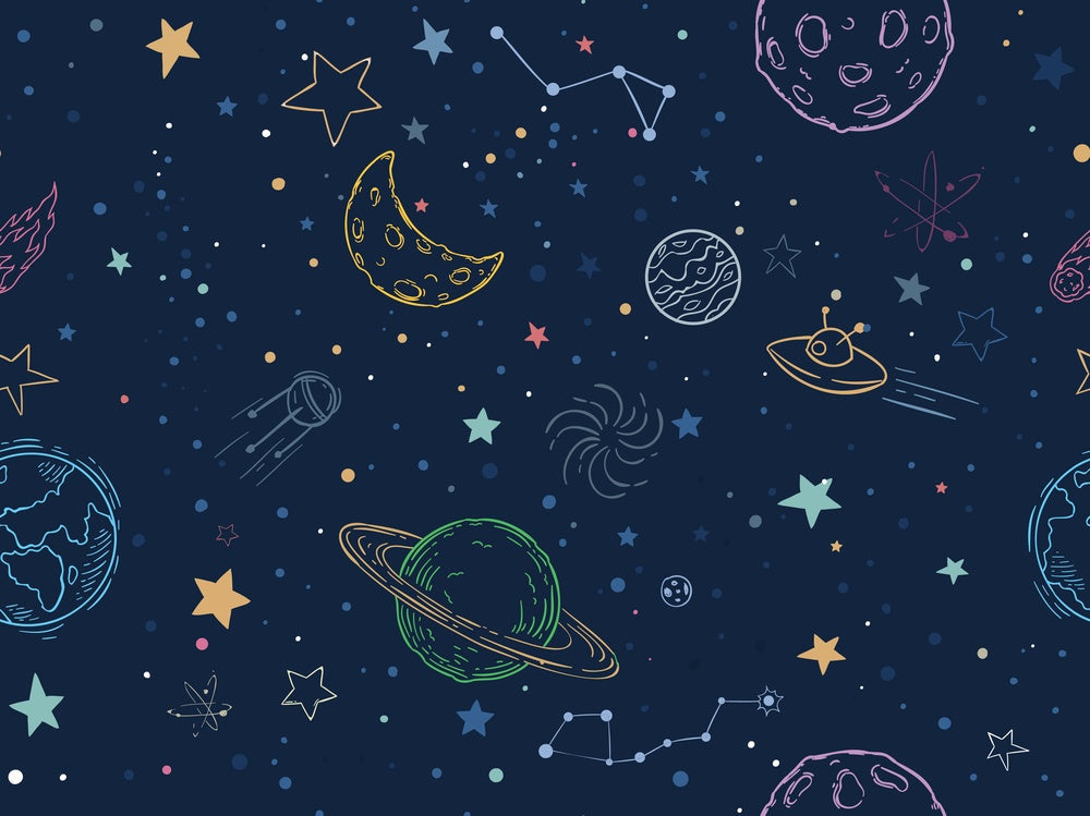 Navy blue celestial pattern with outlined planets, stars and constellations for kids rooms - view 7 - repeat-small - final