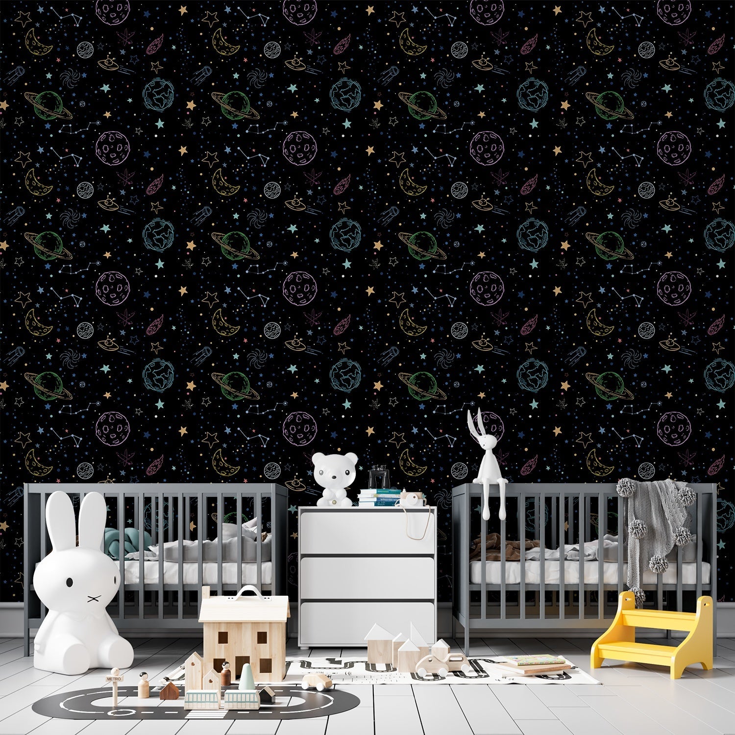 Navy blue celestial pattern with outlined planets, stars and constellations for kids rooms - view 8 - final