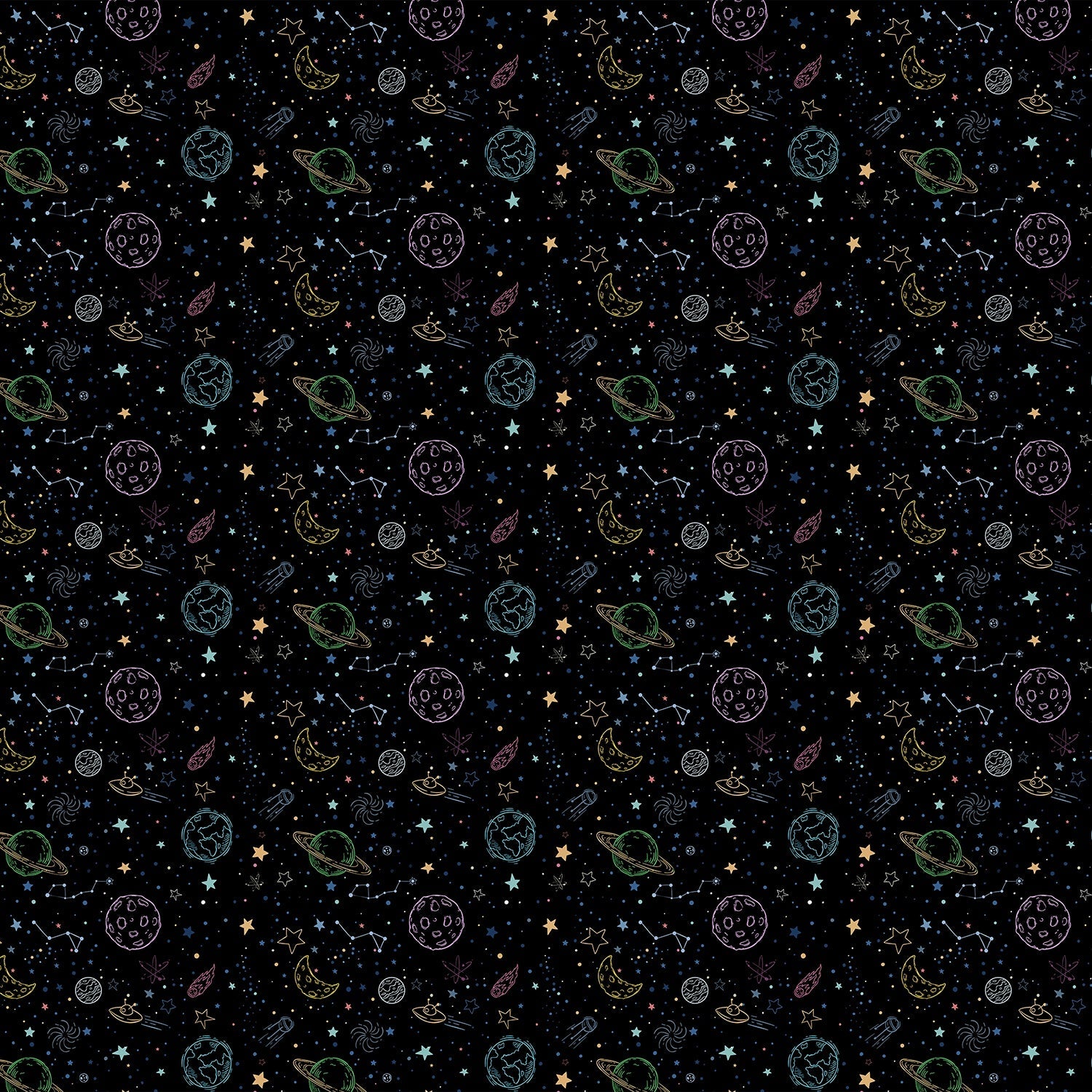 Navy blue celestial pattern with outlined planets, stars and constellations for kids rooms - view 9 - final