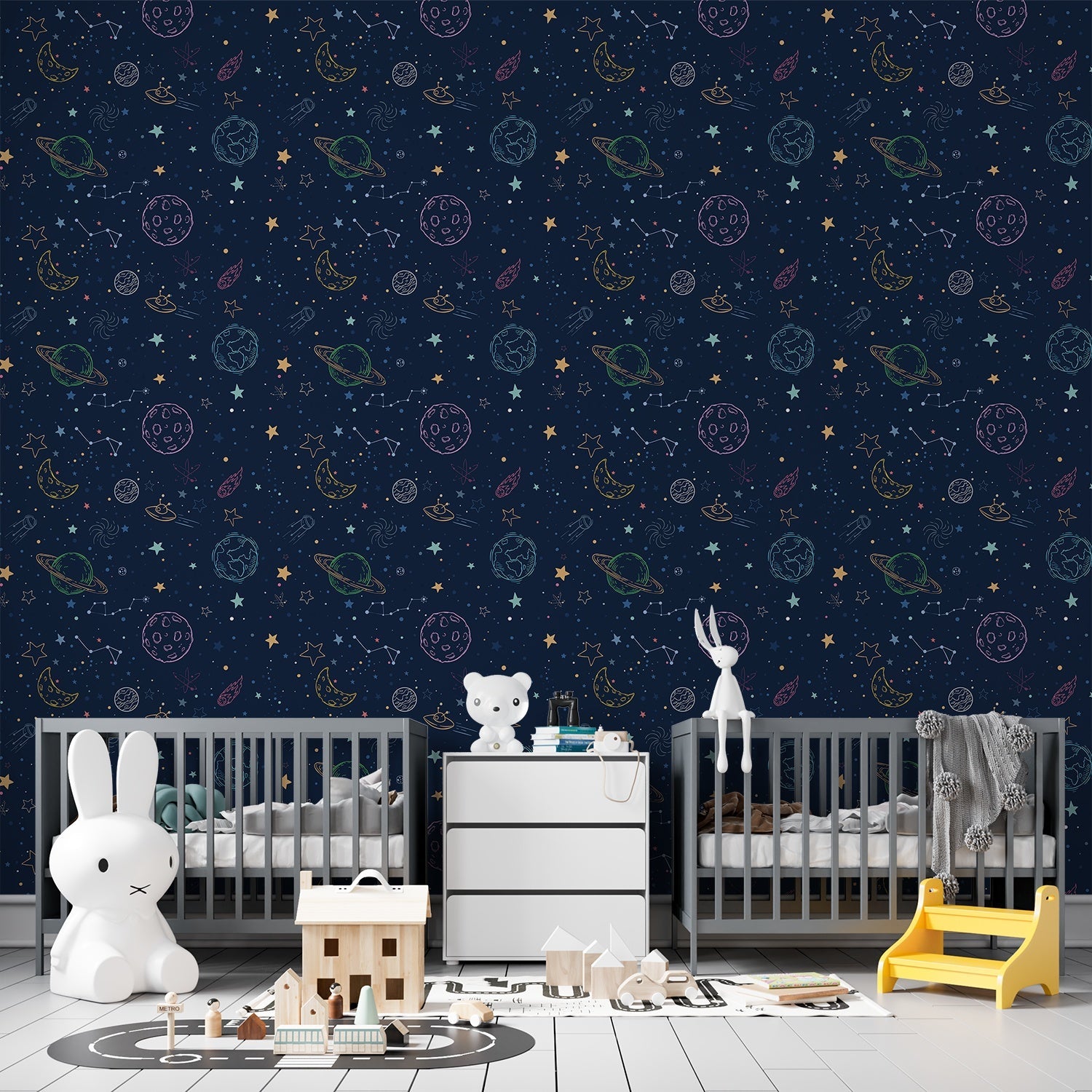 Navy blue celestial pattern with outlined planets, stars and constellations for kids rooms - final kids-room