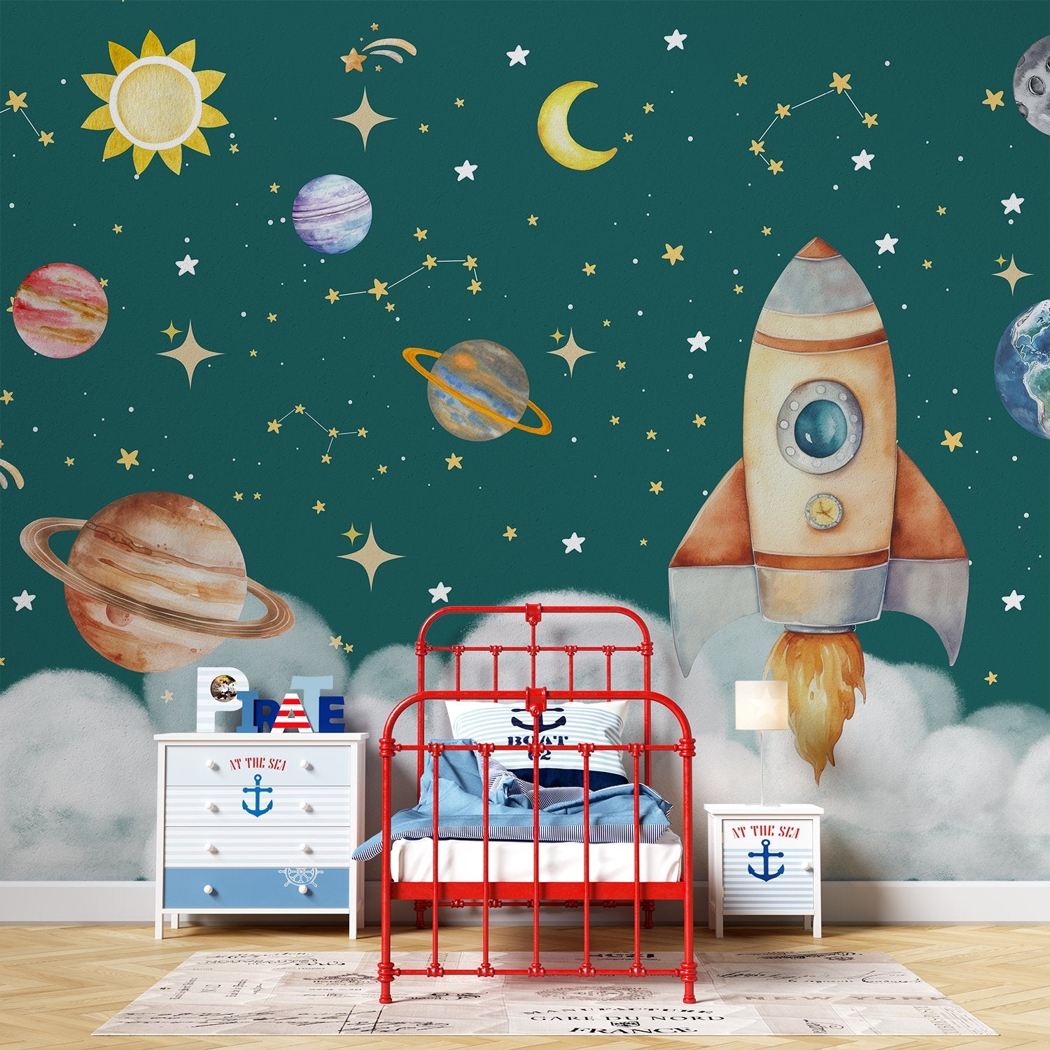Whimsical cartoon rocket ship with planets and stars on dreamy blue background - view 10 - final