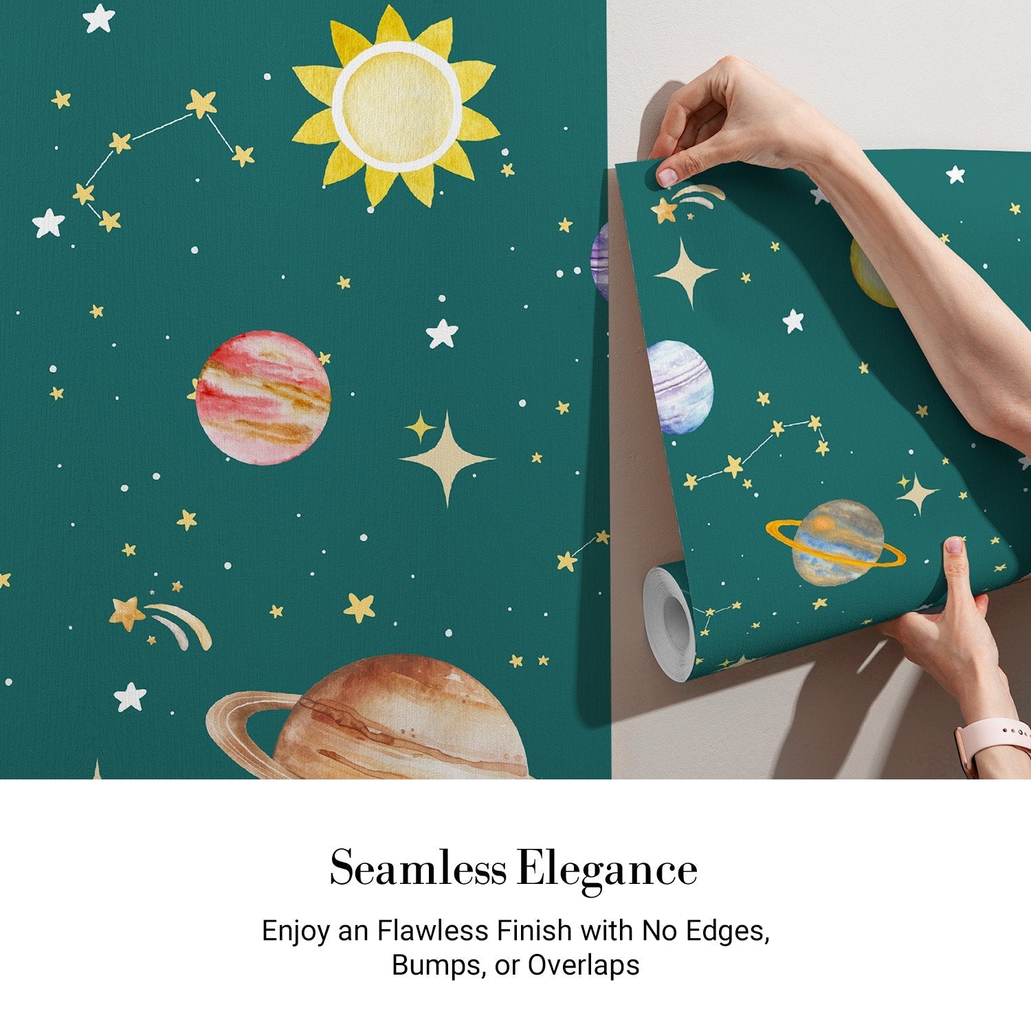 Whimsical cartoon rocket ship with planets and stars on dreamy blue background - view 11 - final