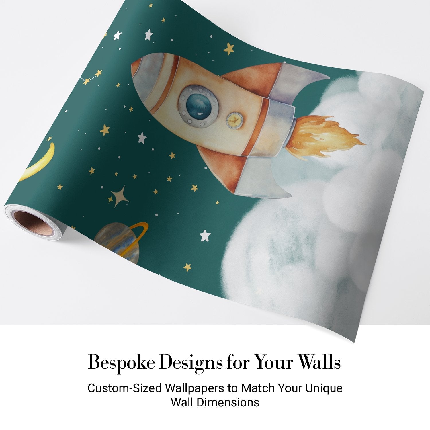 Whimsical cartoon rocket ship with planets and stars on dreamy blue background - view 12 - final