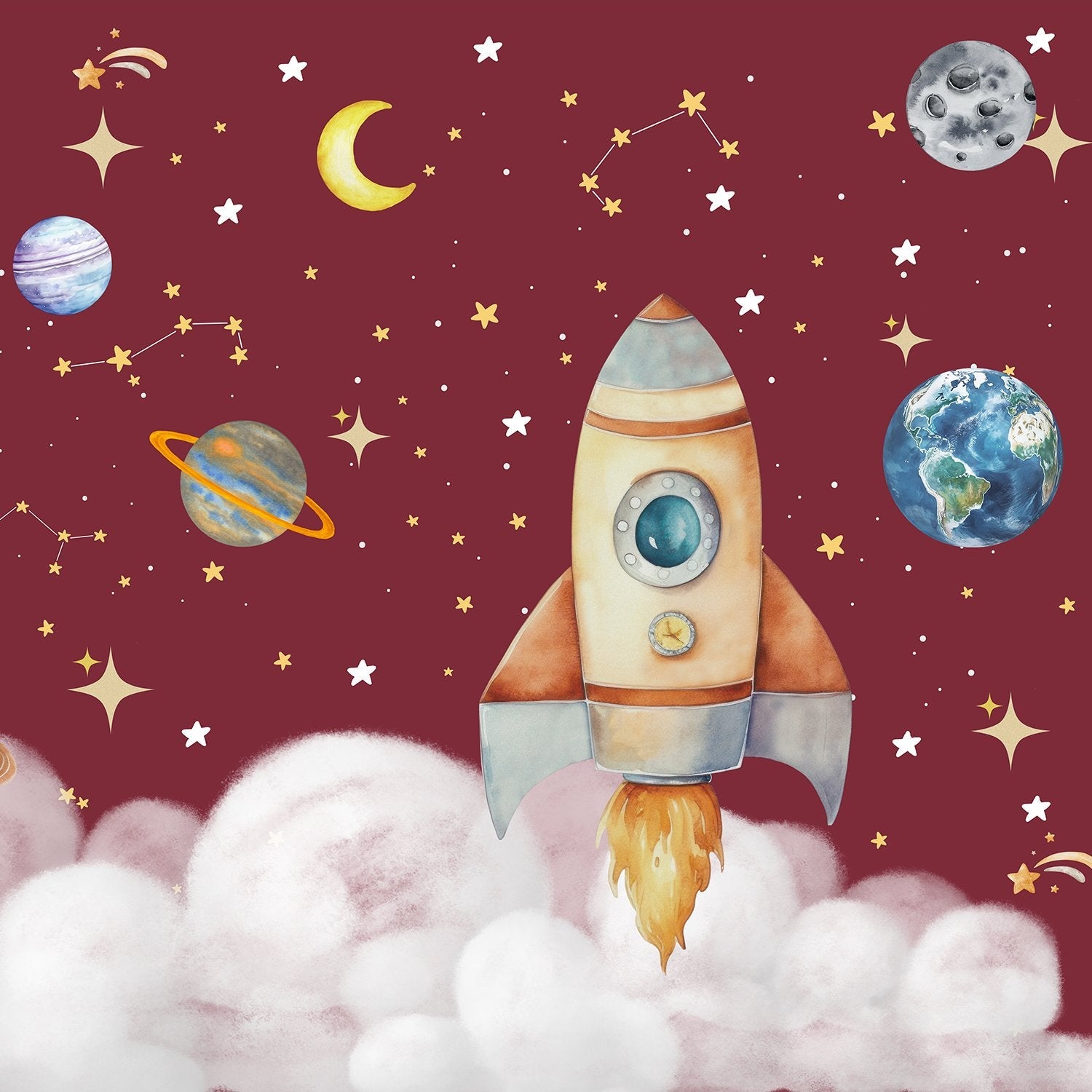 Whimsical cartoon rocket ship with planets and stars on dreamy blue background - view 16 - final