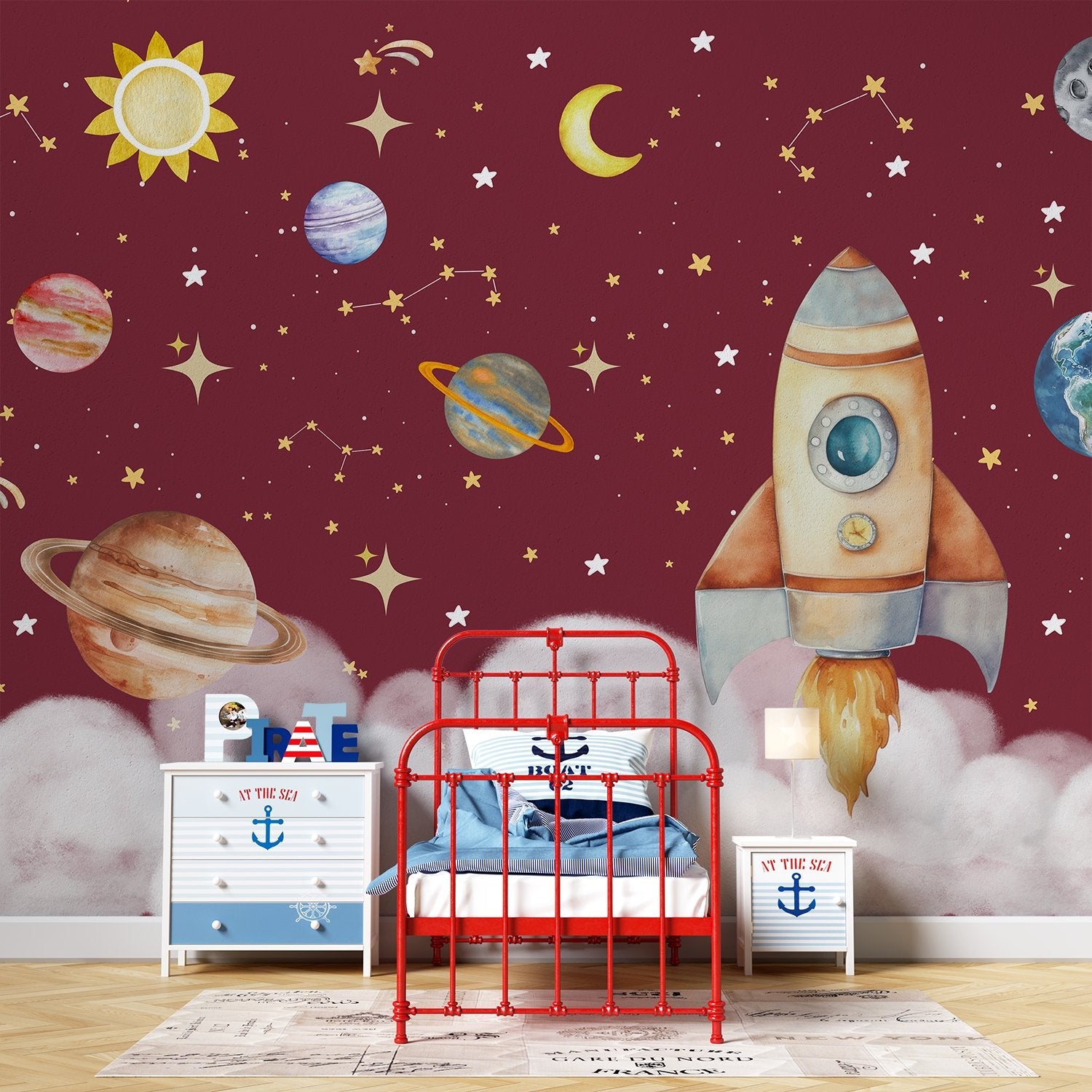 Whimsical cartoon rocket ship with planets and stars on dreamy blue background - view 17 - final