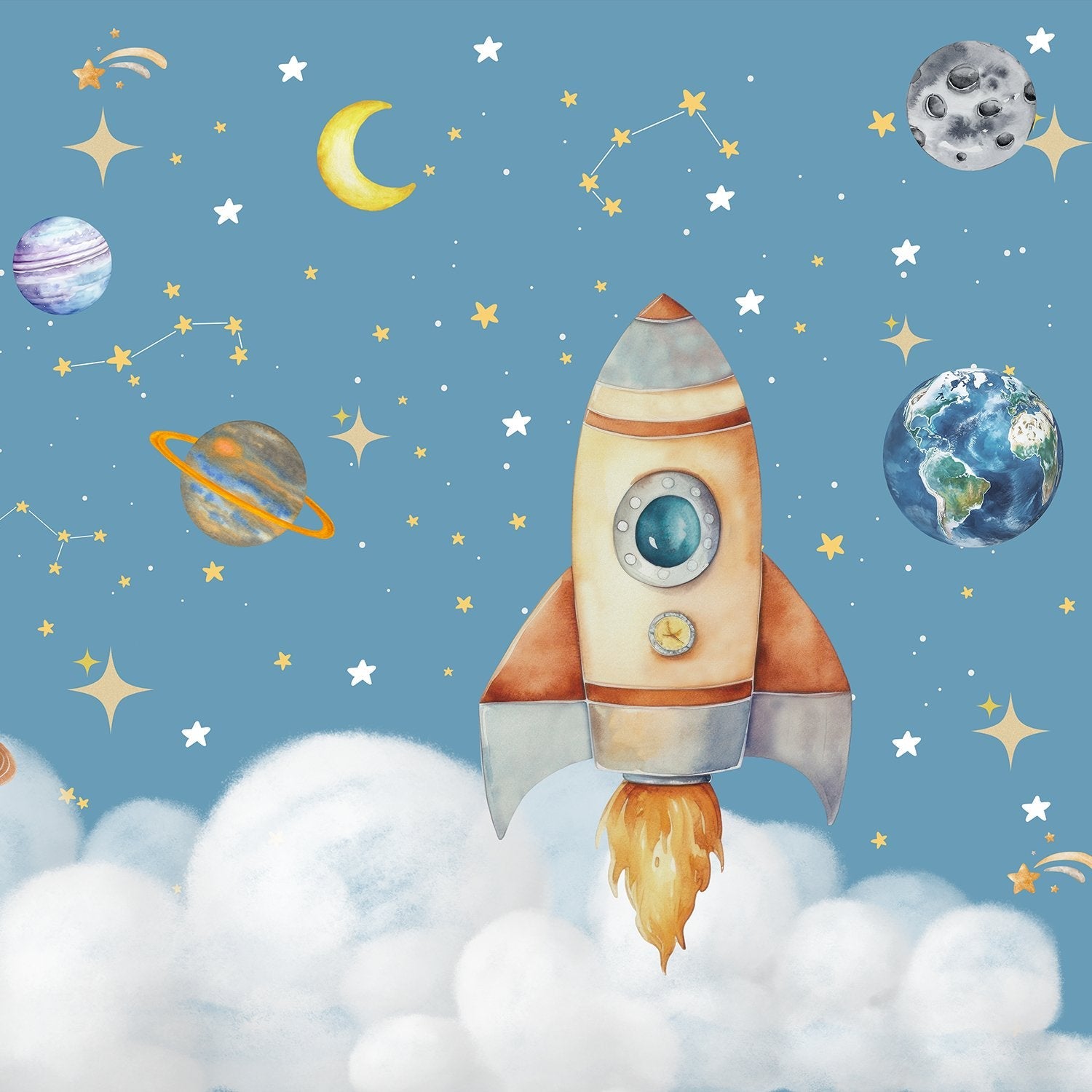 Whimsical cartoon rocket ship with planets and stars on dreamy blue background - view 2 - final