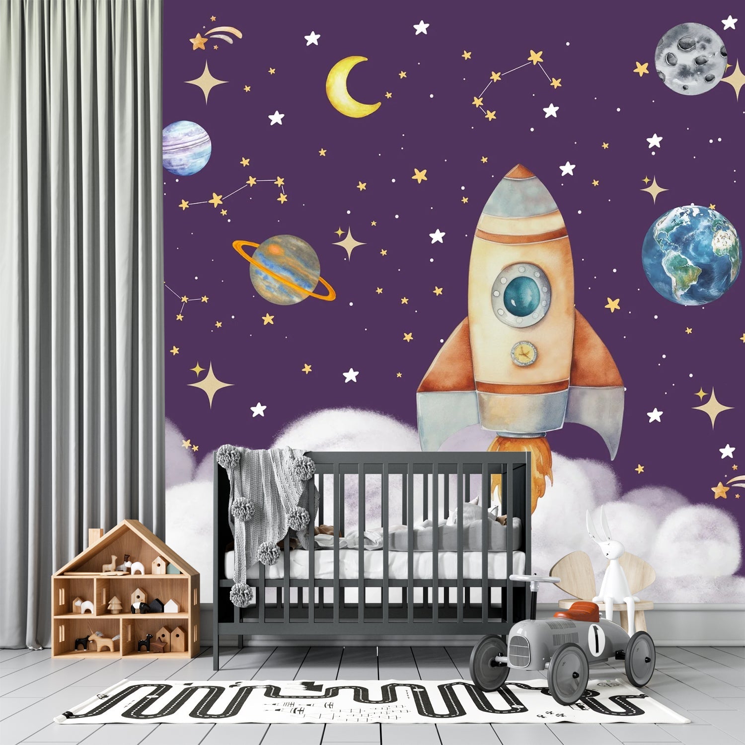 Whimsical cartoon rocket ship with planets and stars on dreamy blue background - view 20 - final