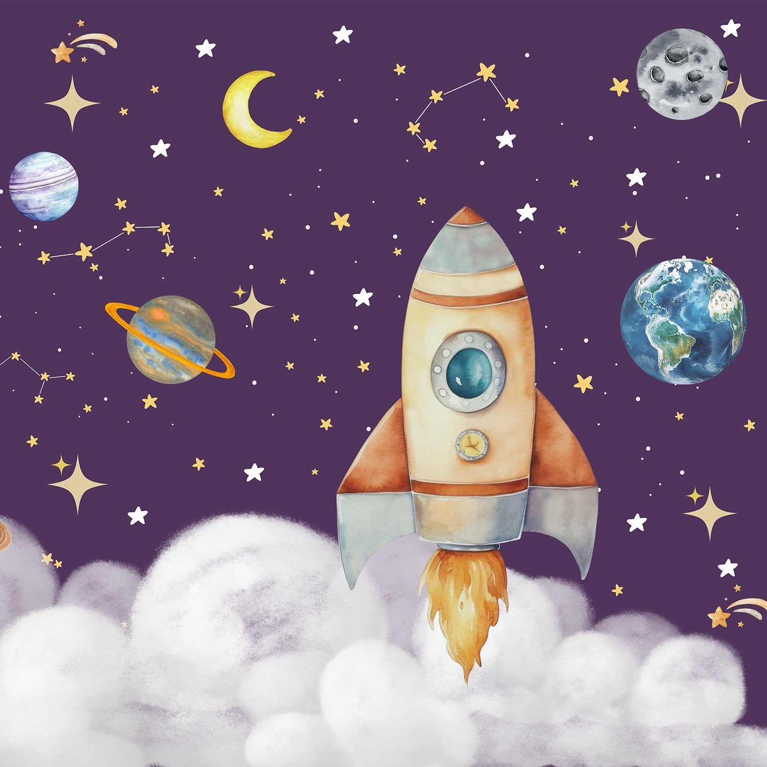 Whimsical cartoon rocket ship with planets and stars on dreamy blue background - view 21 - final