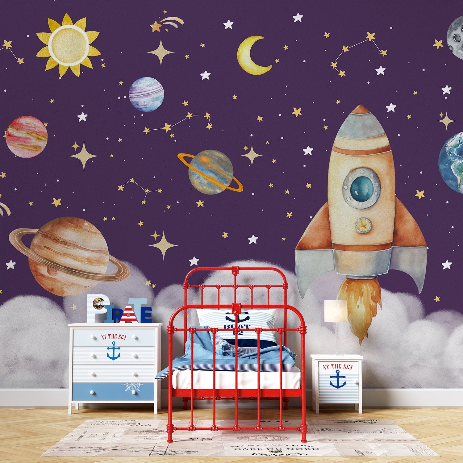 Whimsical cartoon rocket ship with planets and stars on dreamy blue background - view 22 - final