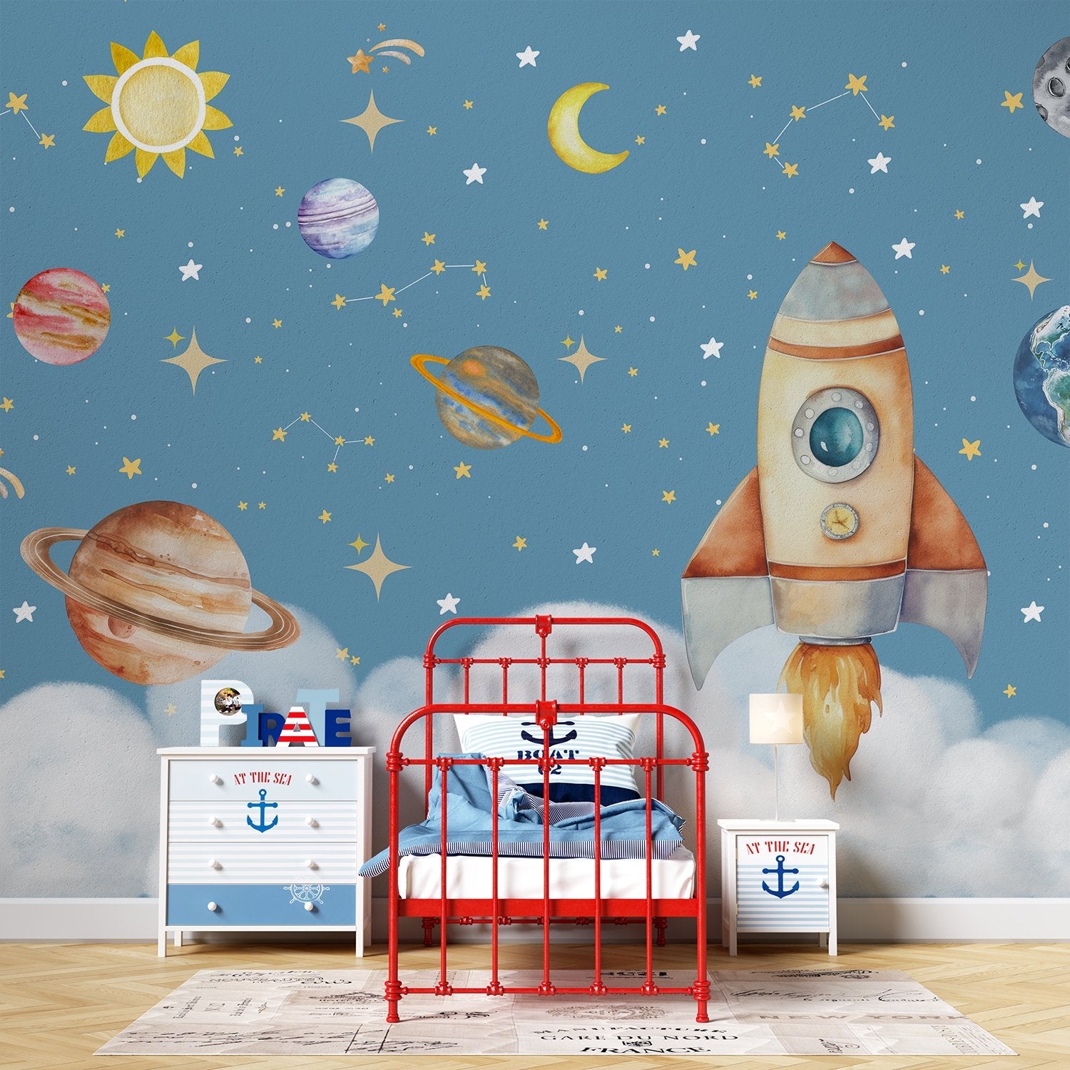 Whimsical cartoon rocket ship with planets and stars on dreamy blue background - view 3 - final