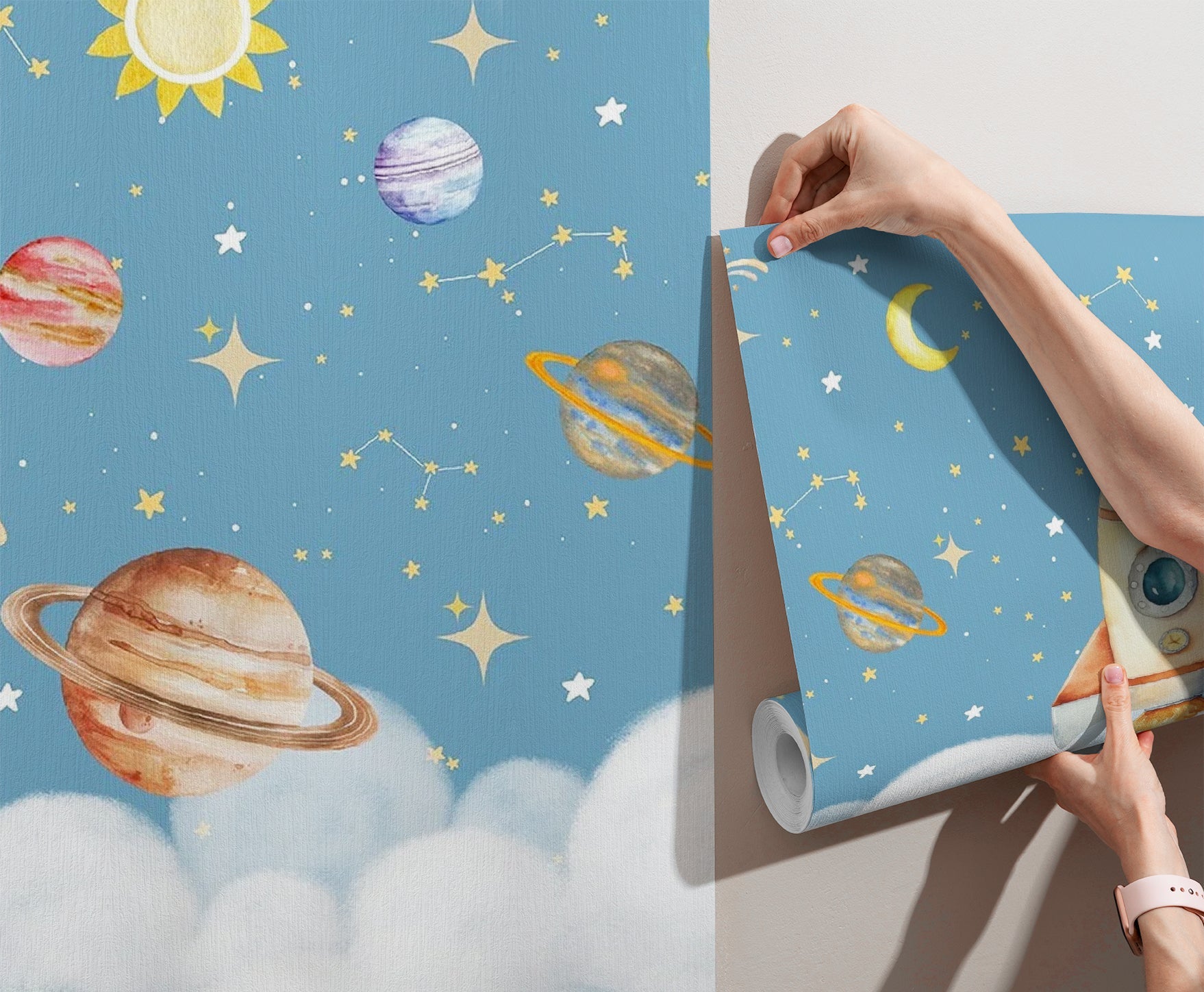 Whimsical cartoon rocket ship with planets and stars on dreamy blue background - view 4 - final