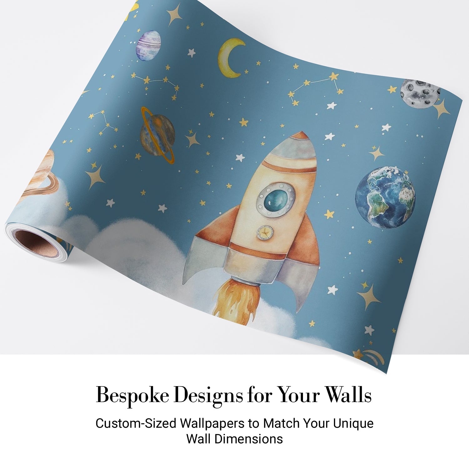 Whimsical cartoon rocket ship with planets and stars on dreamy blue background - view 5 - final