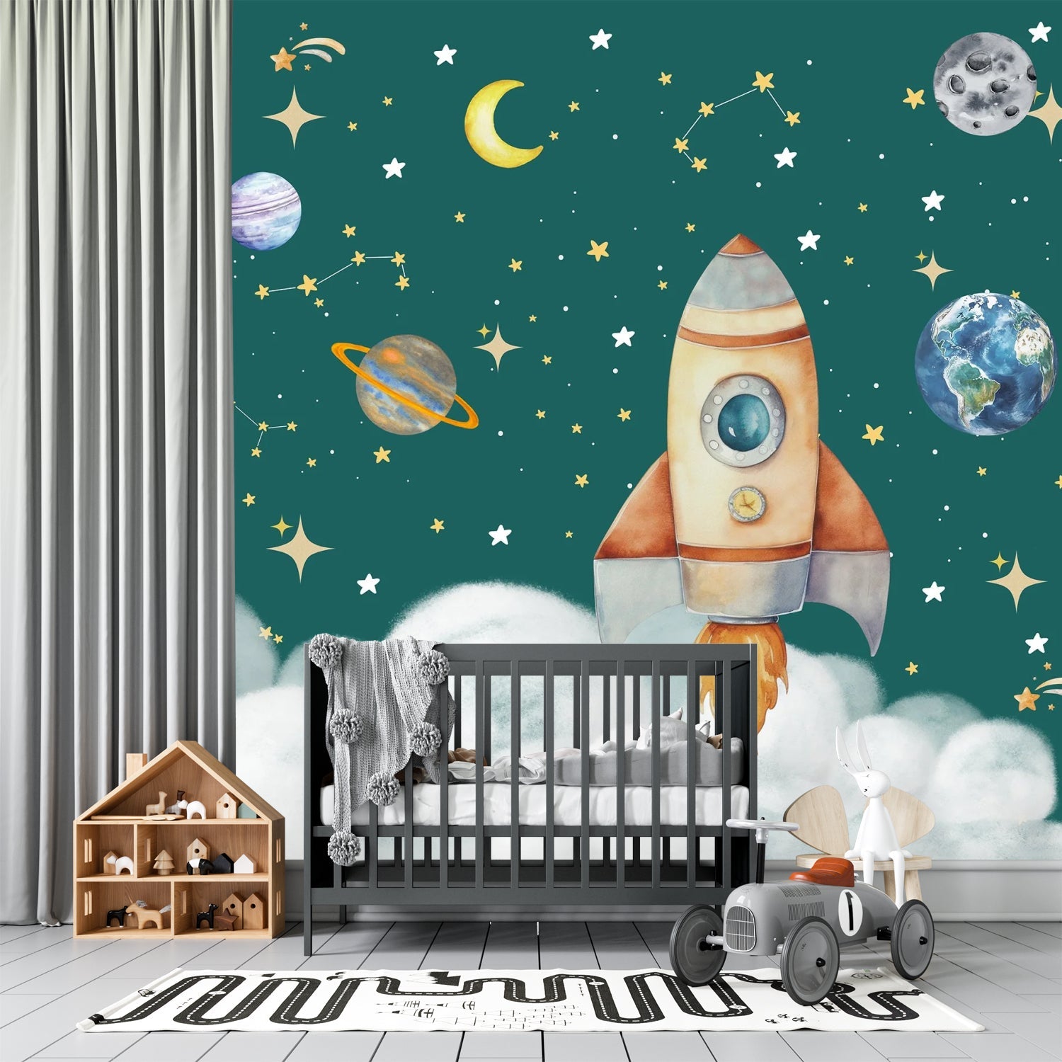 Whimsical cartoon rocket ship with planets and stars on dreamy blue background - view 8 - final