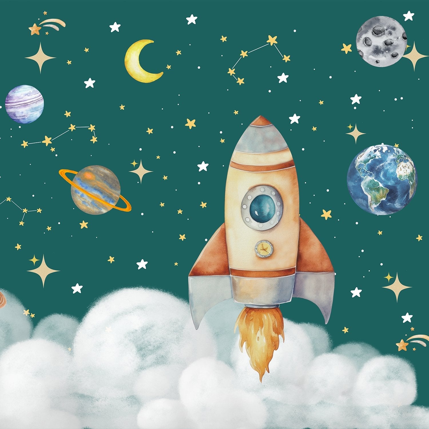 Whimsical cartoon rocket ship with planets and stars on dreamy blue background - view 9 - final