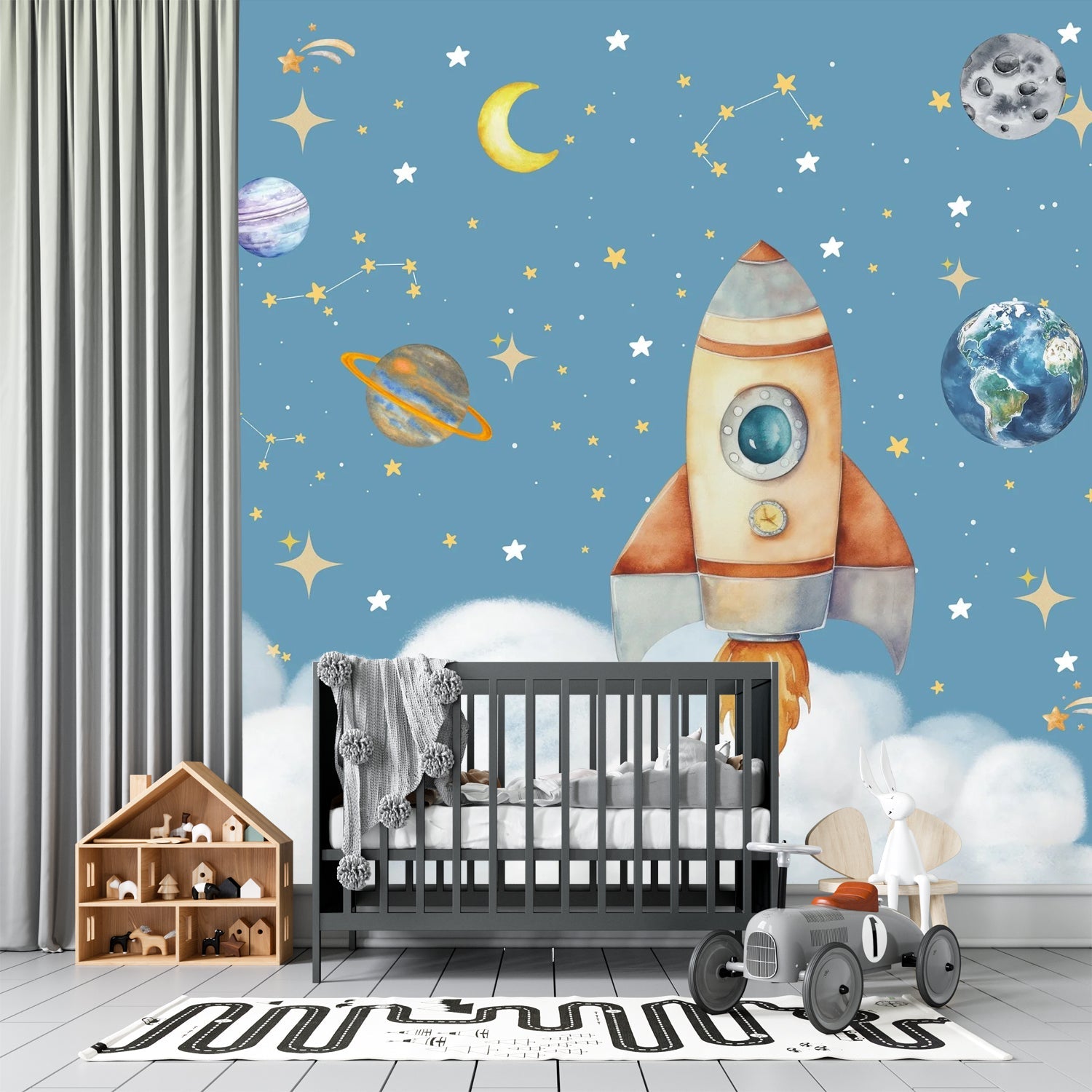 Whimsical cartoon rocket ship with planets and stars on dreamy blue background - final kids-room