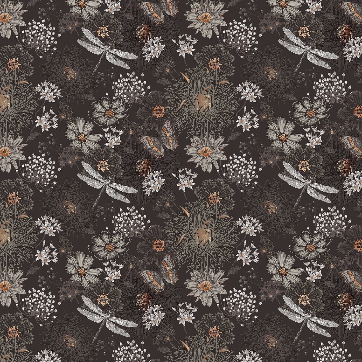Vintage botanical pattern with dragonflies and daisies on deep teal background with delicate details - view 12 - final