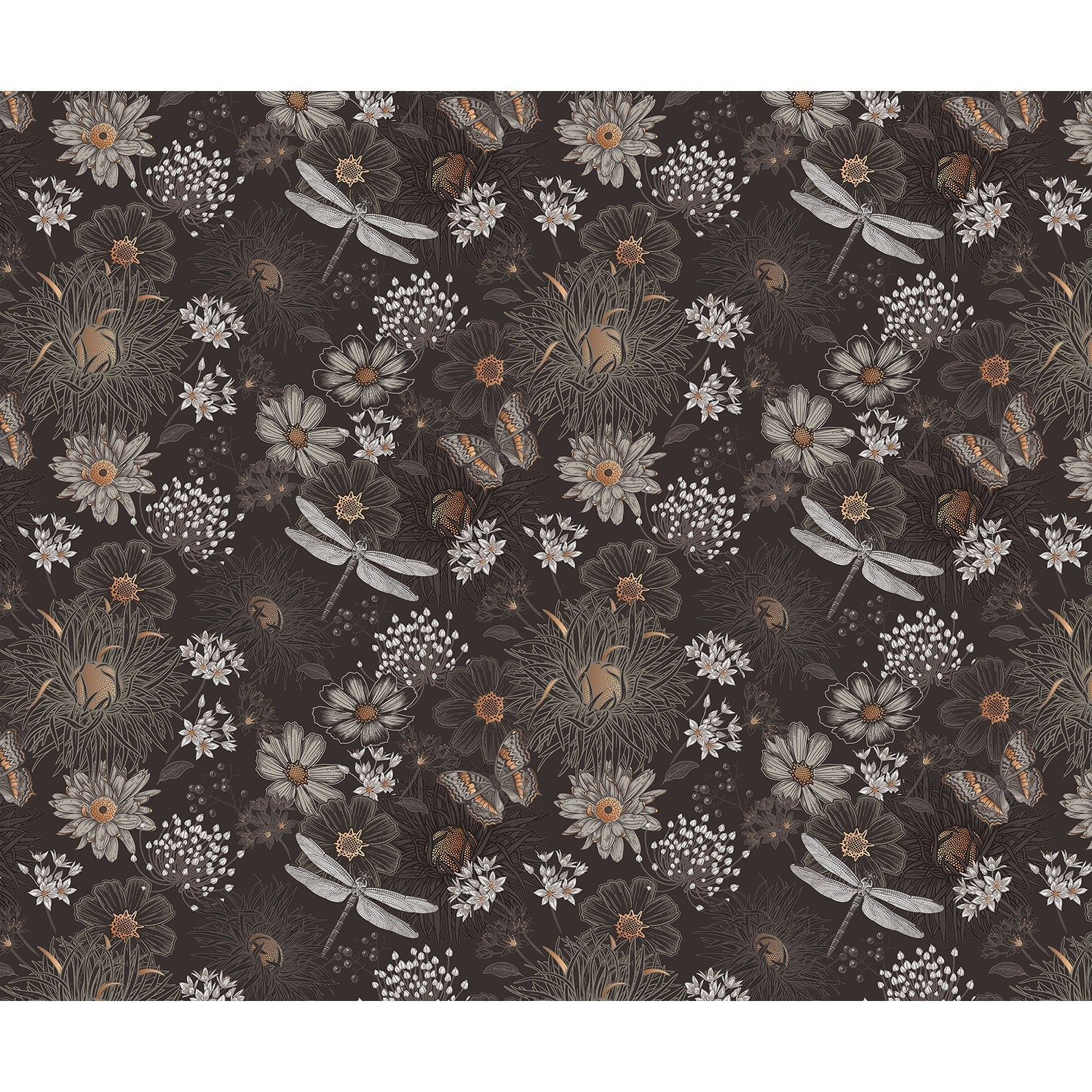 Vintage botanical pattern with dragonflies and daisies on deep teal background with delicate details - view 13 - final