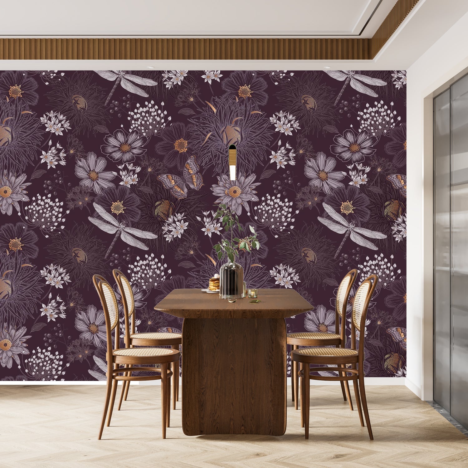 Vintage botanical pattern with dragonflies and daisies on deep teal background with delicate details - view 16 - final