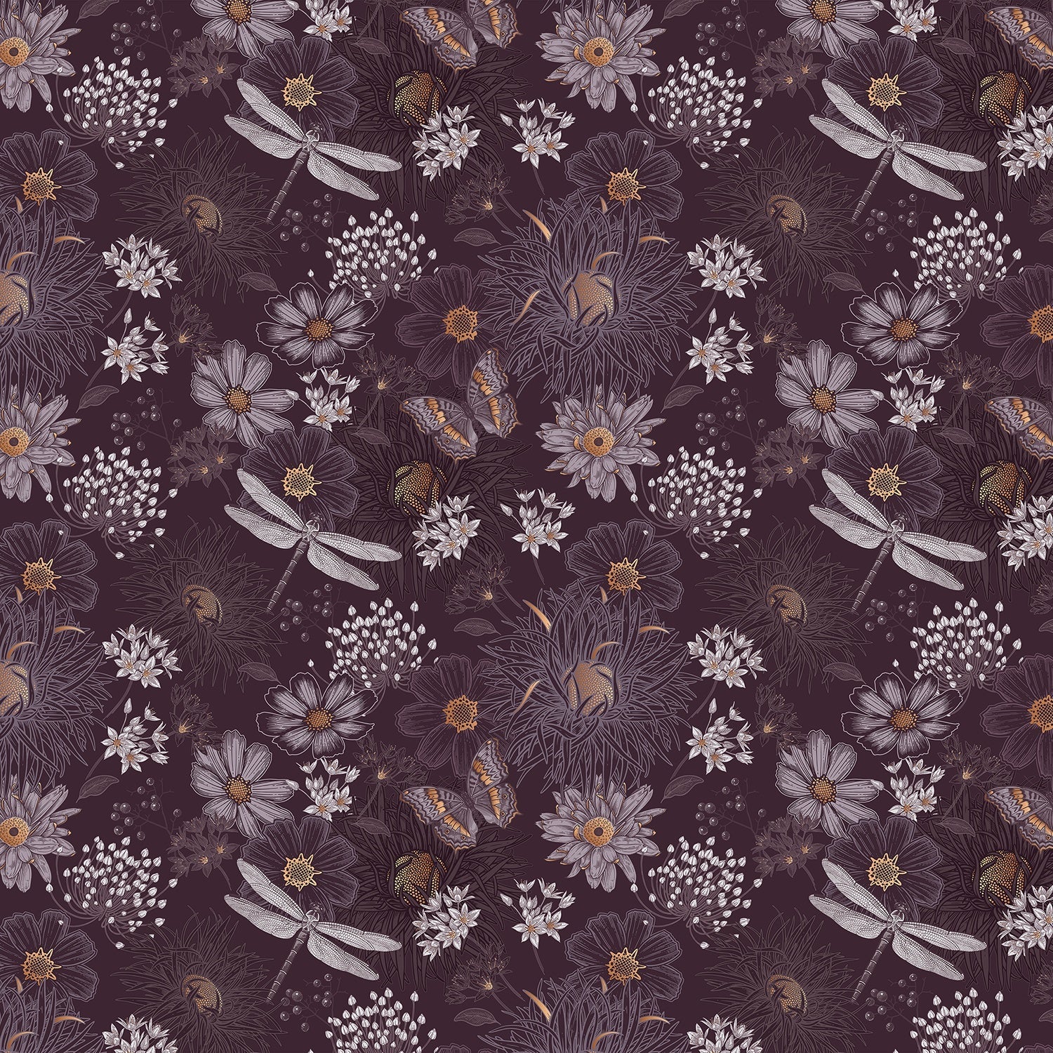 Vintage botanical pattern with dragonflies and daisies on deep teal background with delicate details - view 17 - final