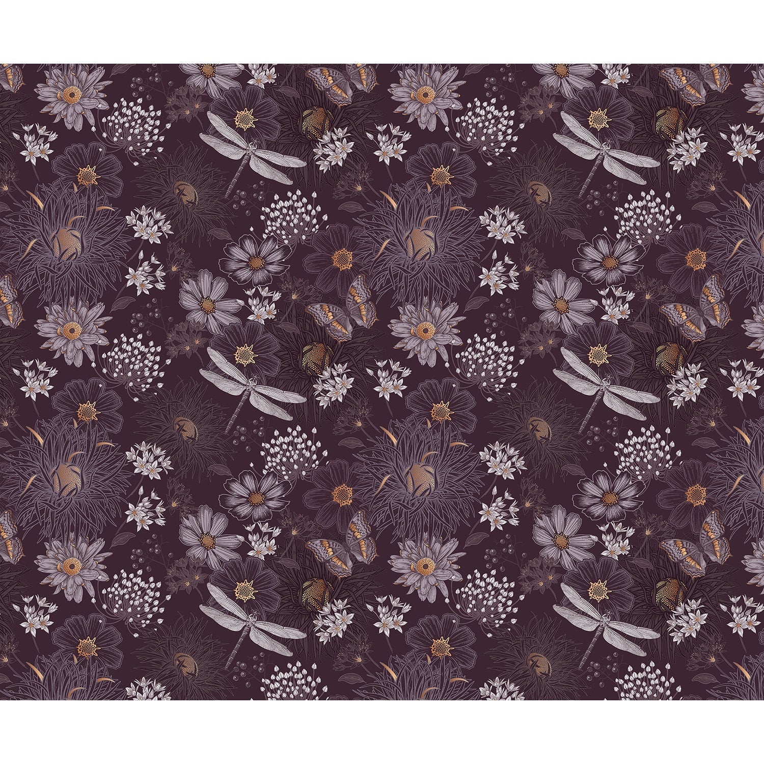 repeat-full-square Vintage botanical pattern with dragonflies and daisies on deep teal background with delicate details - view 19 - final