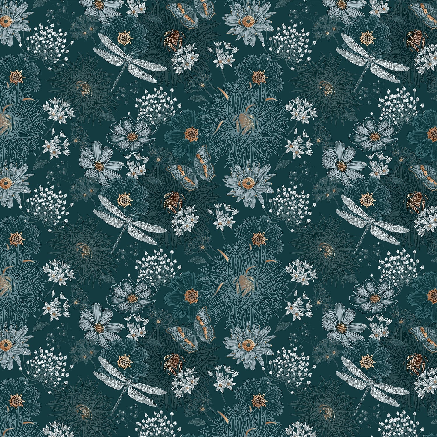 Vintage botanical pattern with dragonflies and daisies on deep teal background with delicate details - view 2 - final