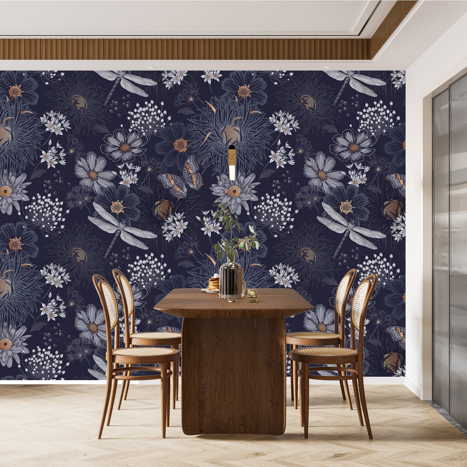 Vintage botanical pattern with dragonflies and daisies on deep teal background with delicate details - view 21 - final