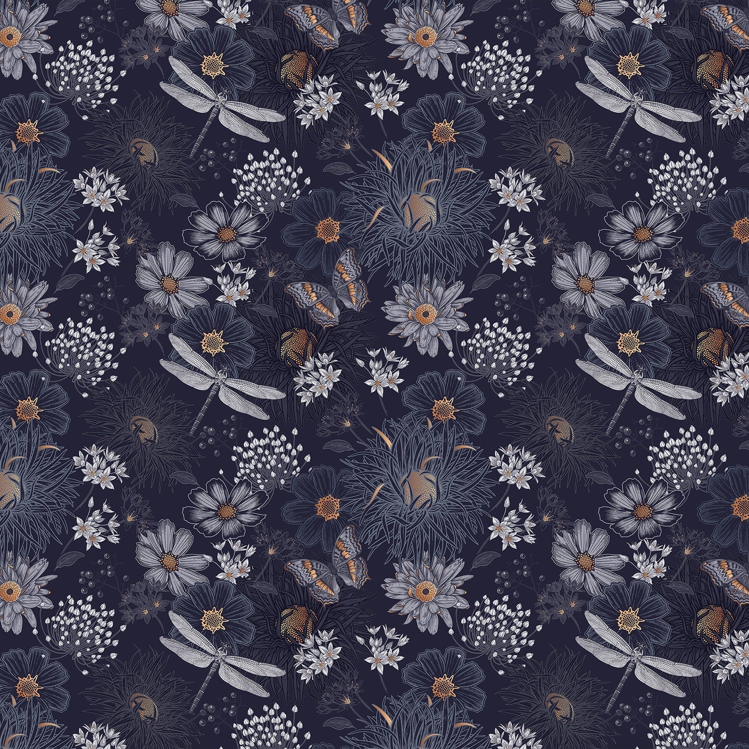 Vintage botanical pattern with dragonflies and daisies on deep teal background with delicate details - view 24 - final