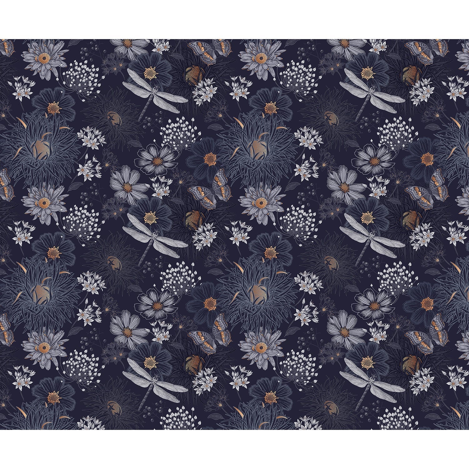 repeat-full-square Vintage botanical pattern with dragonflies and daisies on deep teal background with delicate details - view 25 - final