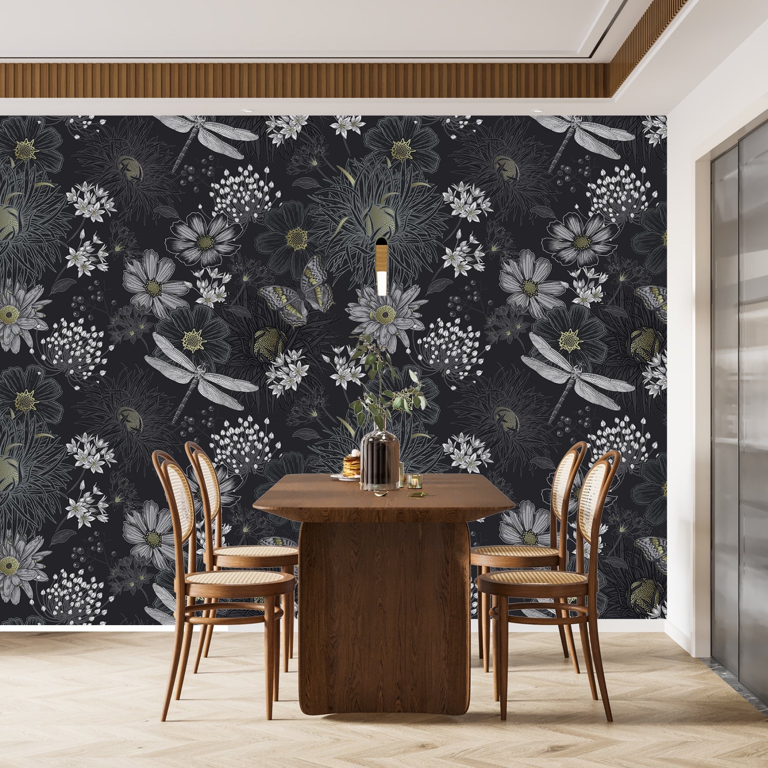 Vintage botanical pattern with dragonflies and daisies on deep teal background with delicate details - view 27 - final