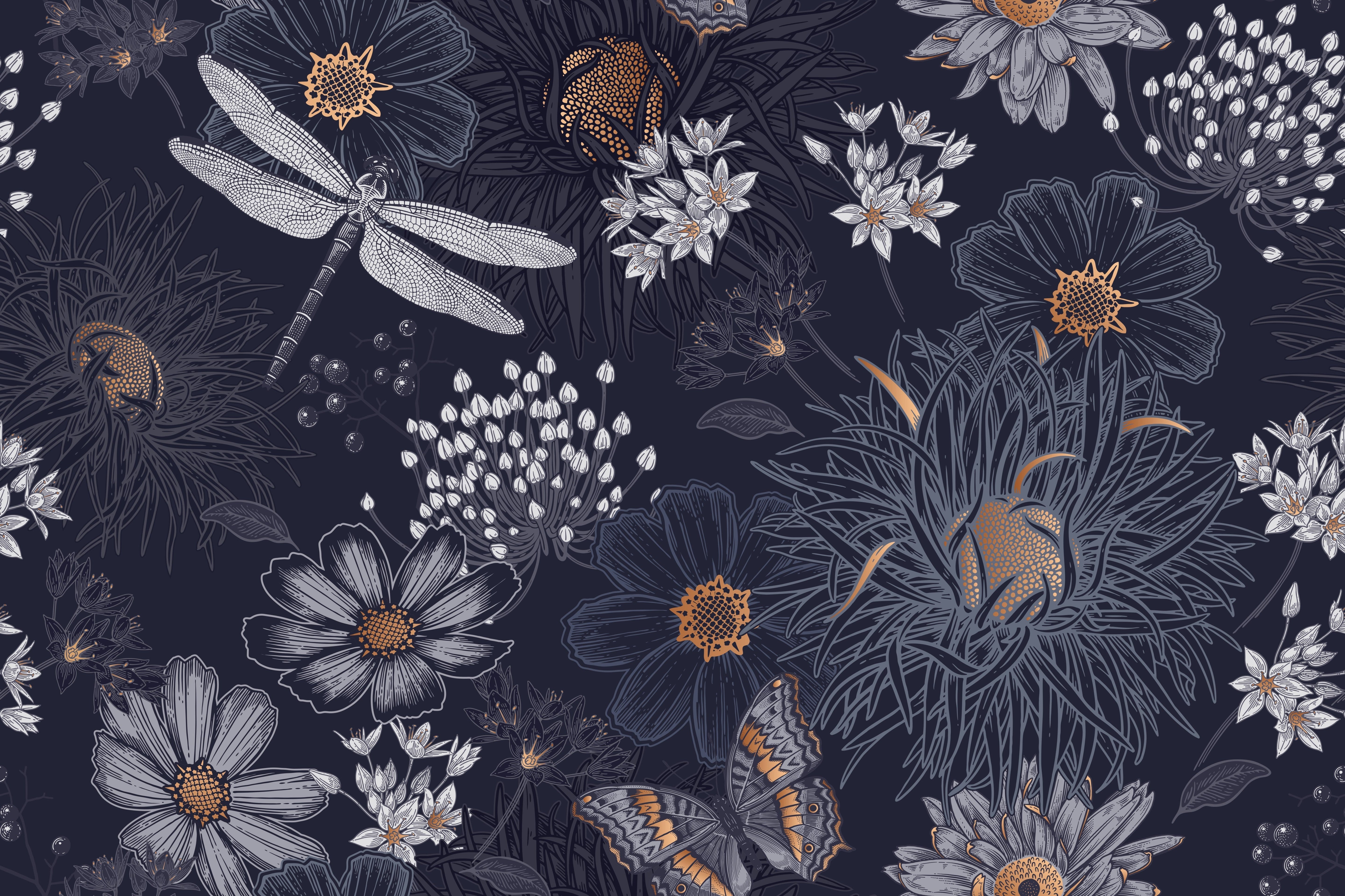 Vintage botanical pattern with dragonflies and daisies on deep teal background with delicate details - view 29 - repeat-original - final