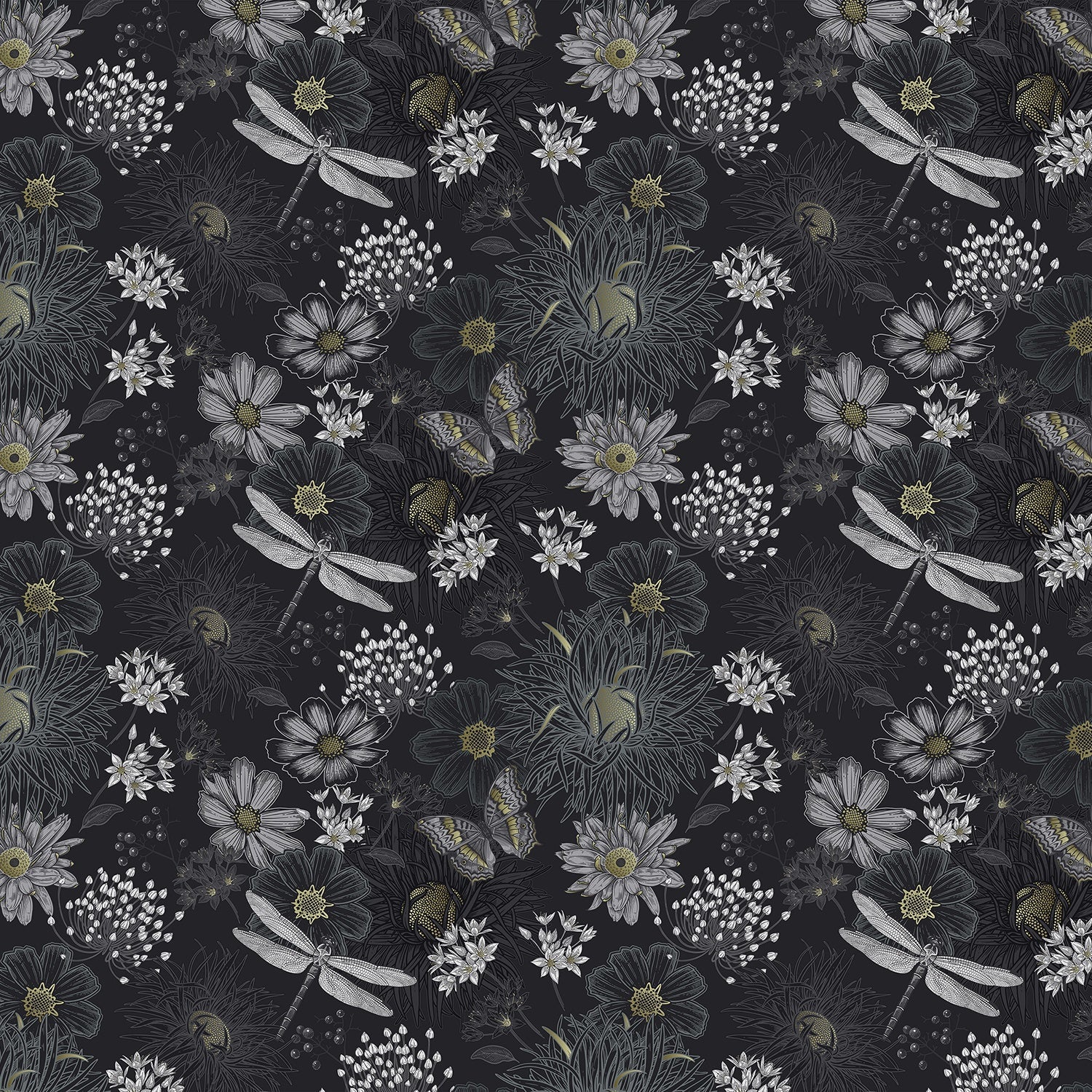 Vintage botanical pattern with dragonflies and daisies on deep teal background with delicate details - view 30 - final