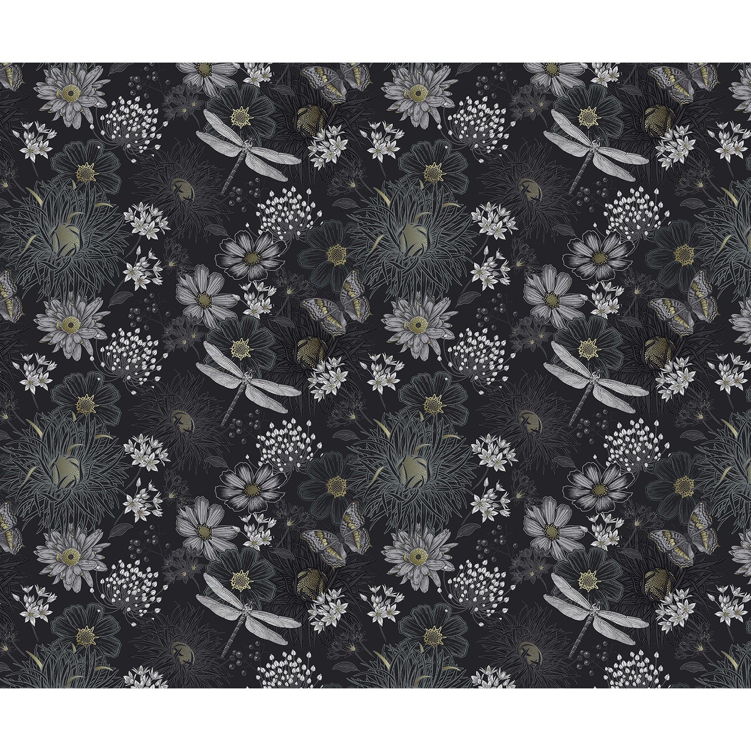 repeat-full-square Vintage botanical pattern with dragonflies and daisies on deep teal background with delicate details - view 31 - final