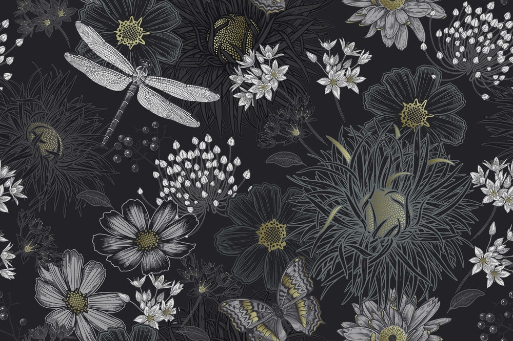 Vintage botanical pattern with dragonflies and daisies on deep teal background with delicate details - view 33 - repeat-small - final