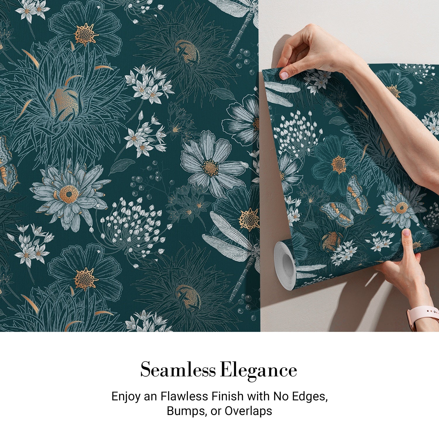 Vintage botanical pattern with dragonflies and daisies on deep teal background with delicate details - view 4 - final