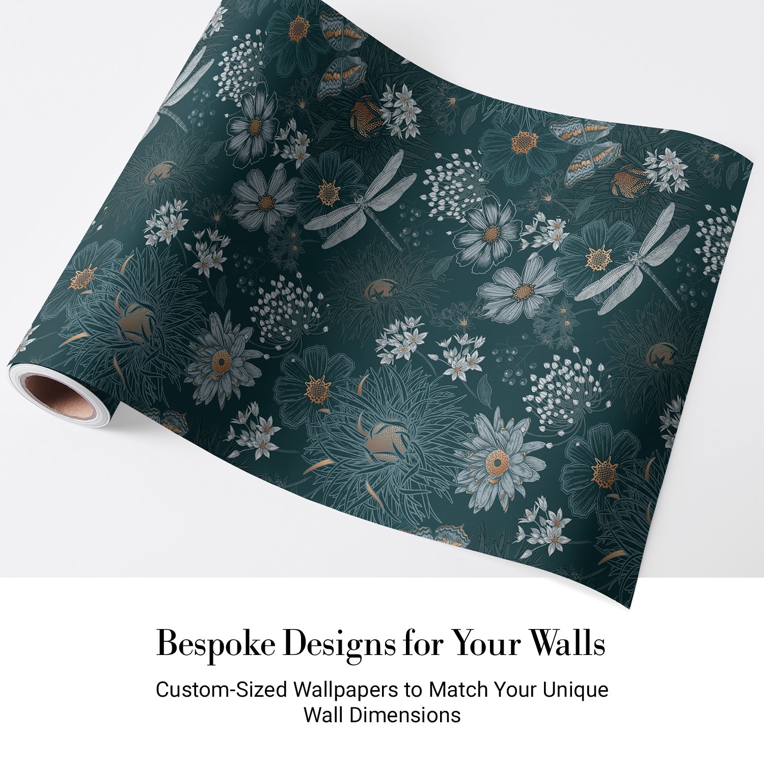 Vintage botanical pattern with dragonflies and daisies on deep teal background with delicate details - view 5 - final