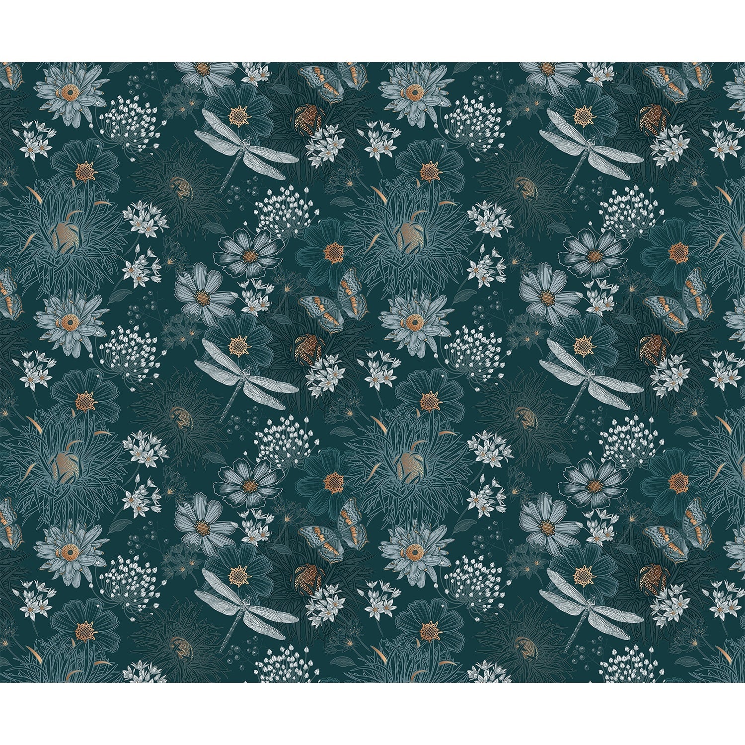 Vintage botanical pattern with dragonflies and daisies on deep teal background with delicate details - view 6 - repeat-full-square - final