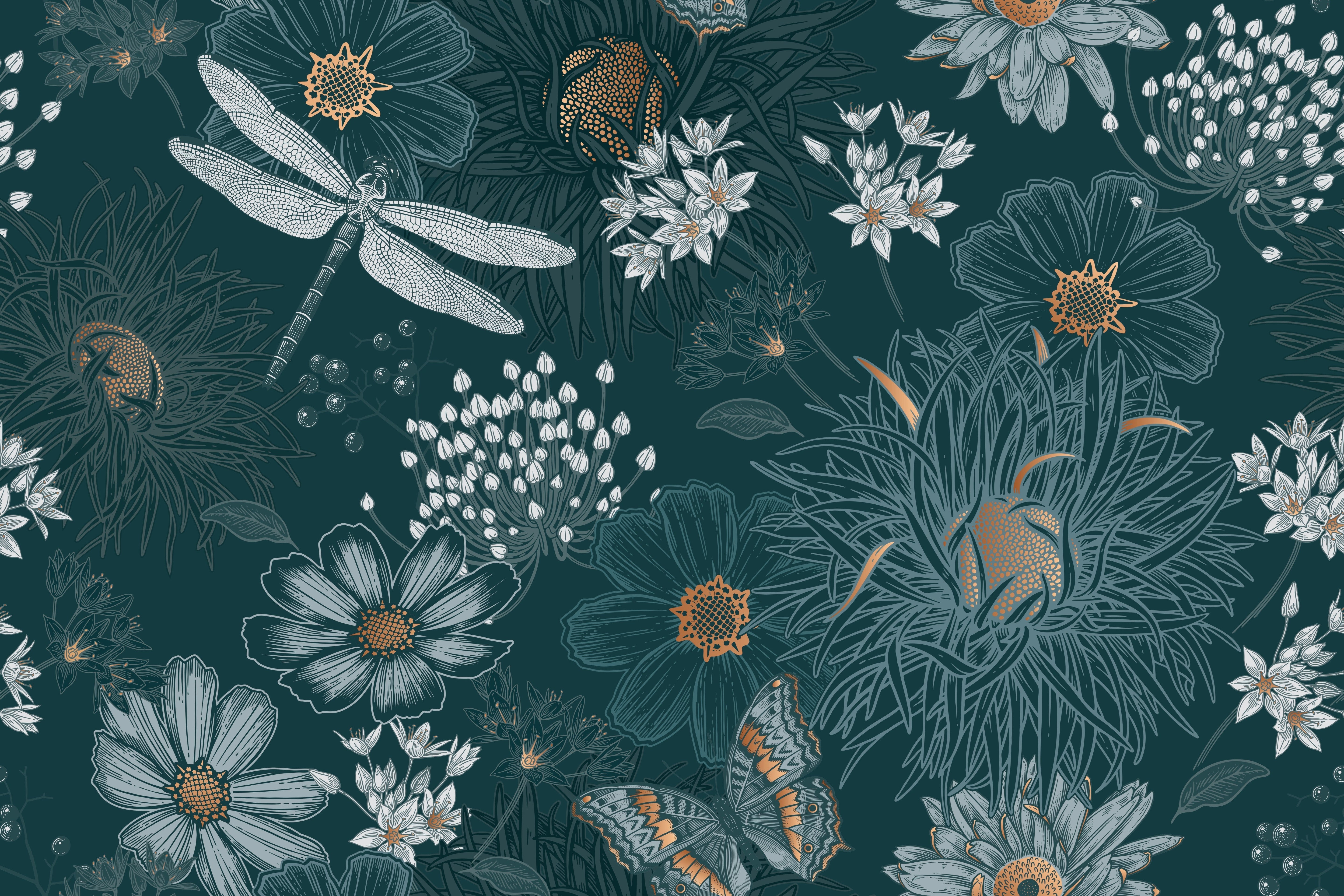 Vintage botanical pattern with dragonflies and daisies on deep teal background with delicate details - view 7 - repeat-original - final