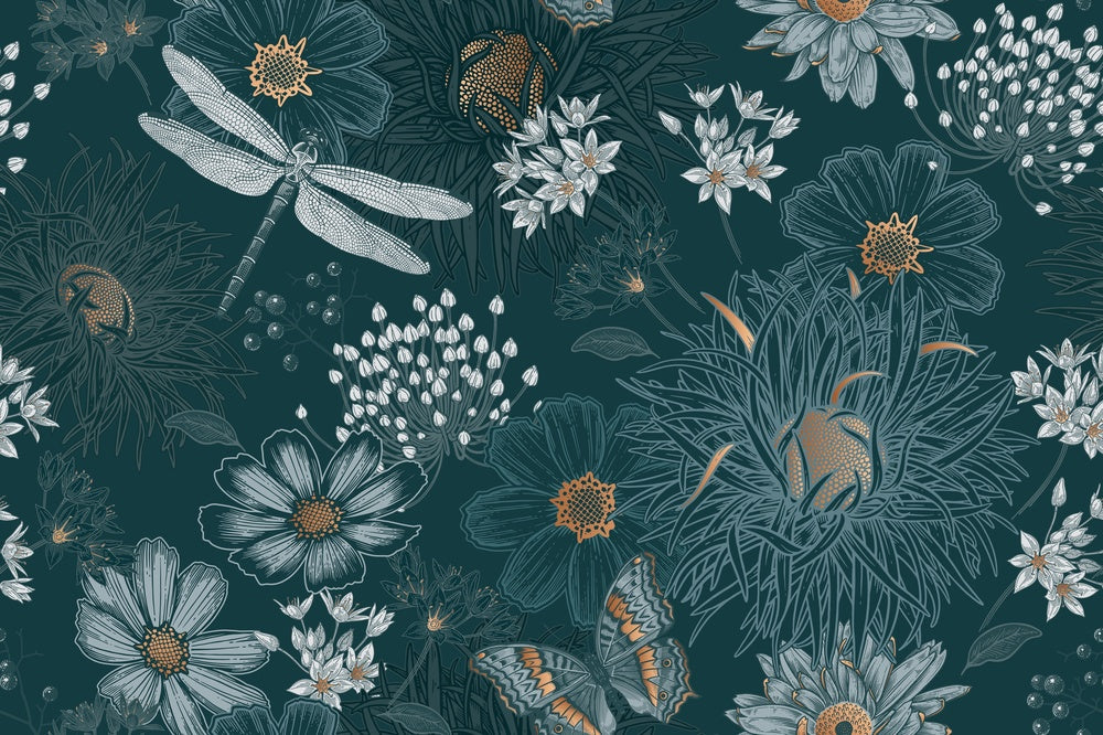 Vintage botanical pattern with dragonflies and daisies on deep teal background with delicate details - view 8 - repeat-small - final