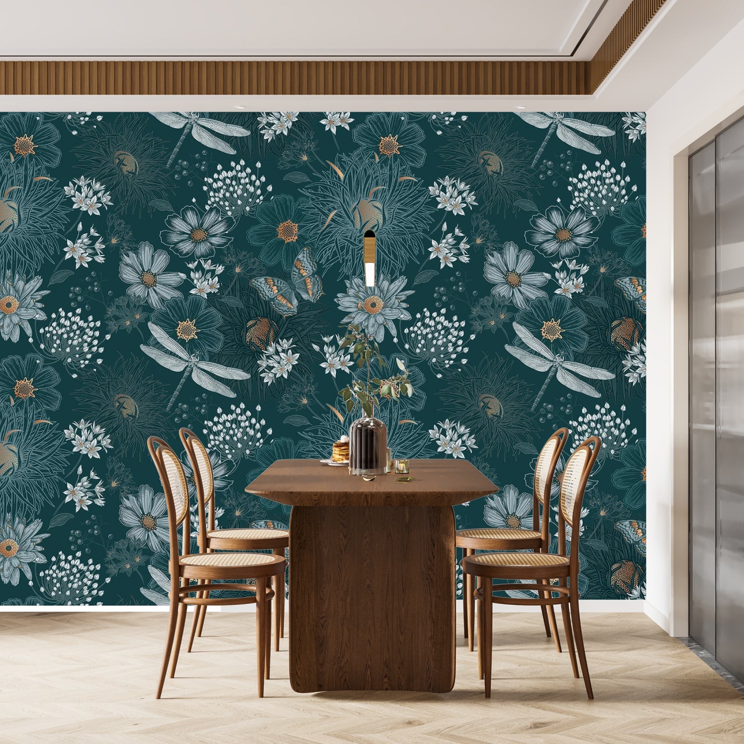 Vintage botanical pattern with dragonflies and daisies on deep teal background with delicate details - final dining-room