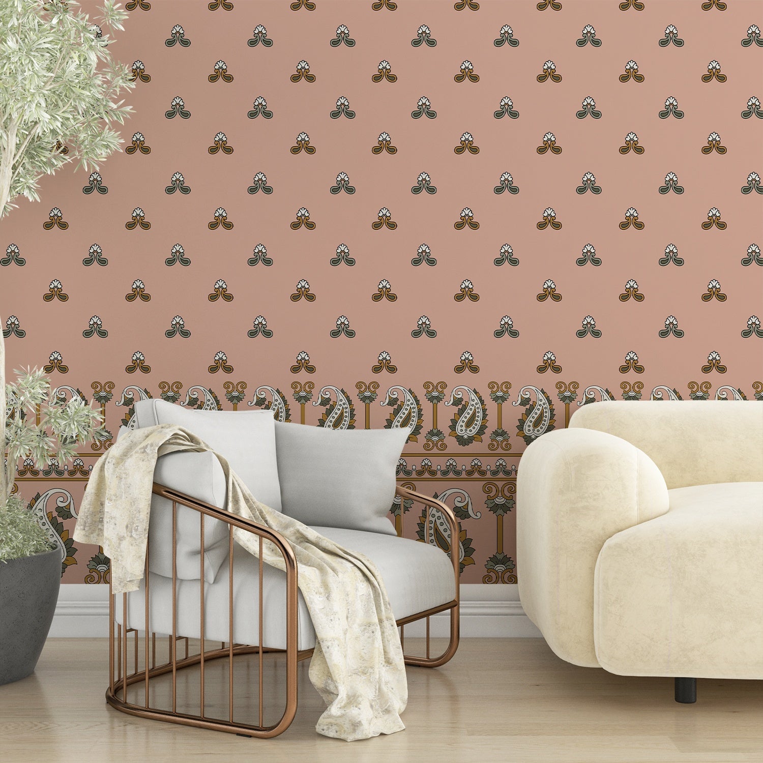 Beige background with repeating navy trefoil motifs and decorative paisley border trim design - view 13 - final