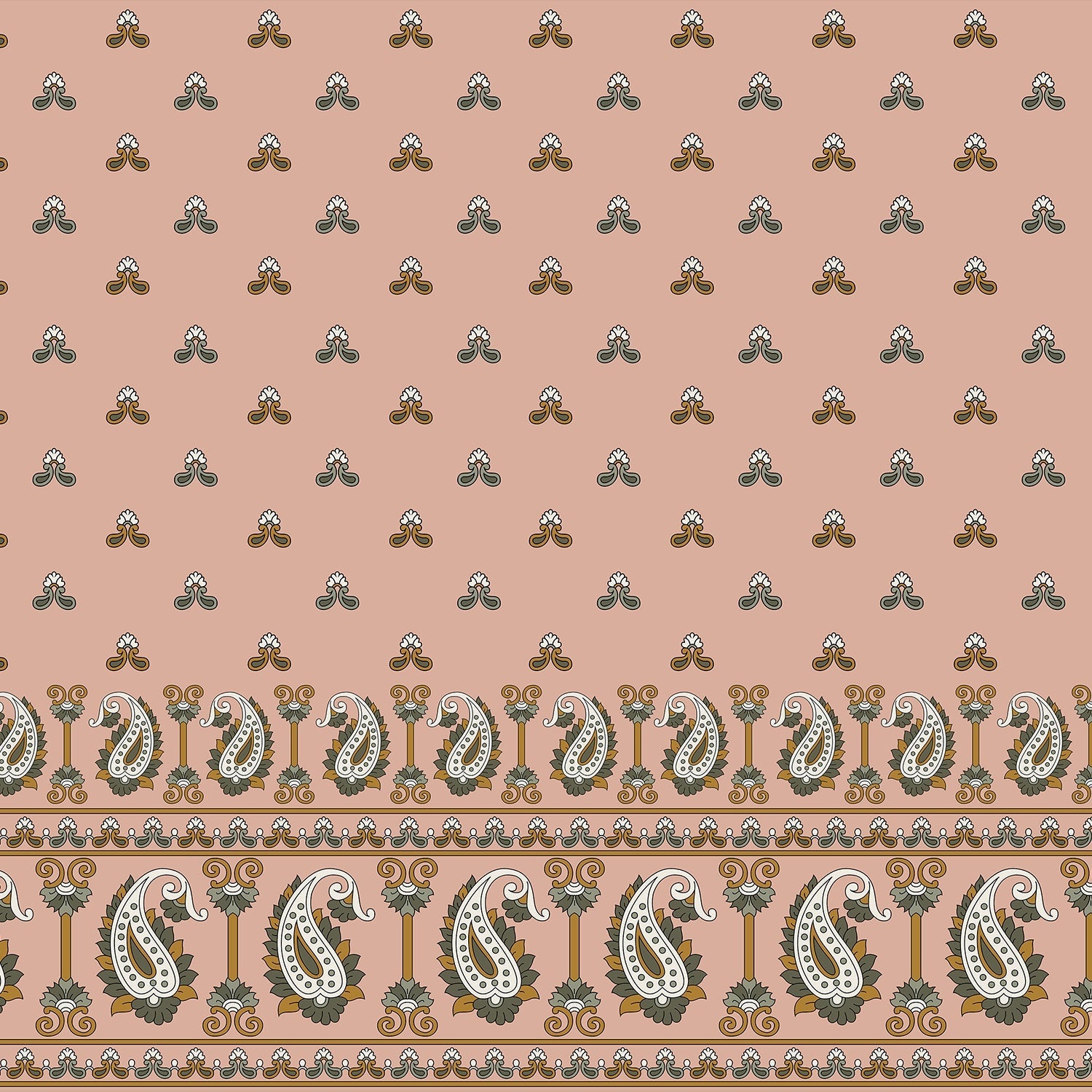 Beige background with repeating navy trefoil motifs and decorative paisley border trim design - view 14 - final