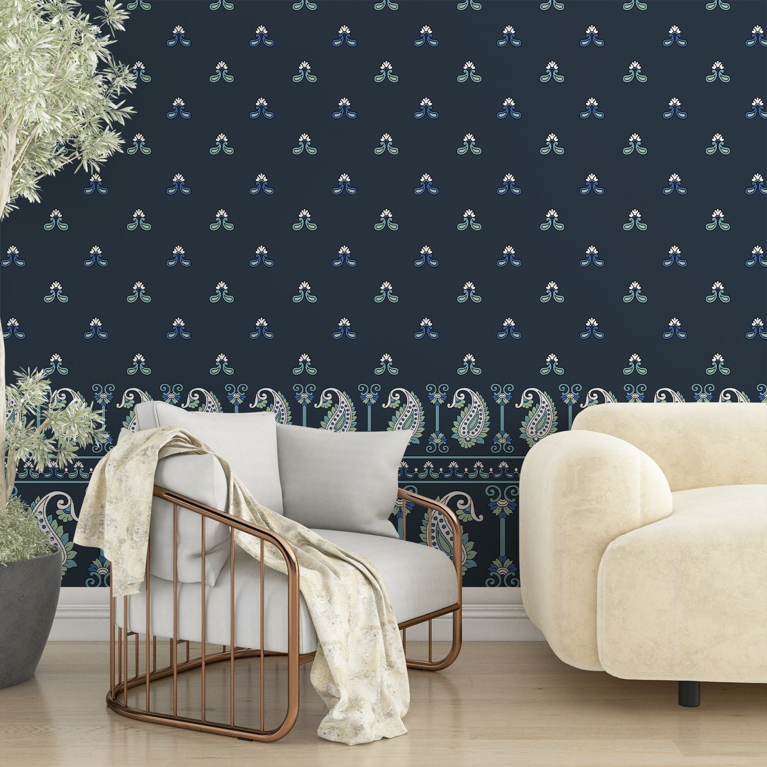 Beige background with repeating navy trefoil motifs and decorative paisley border trim design - view 17 - final