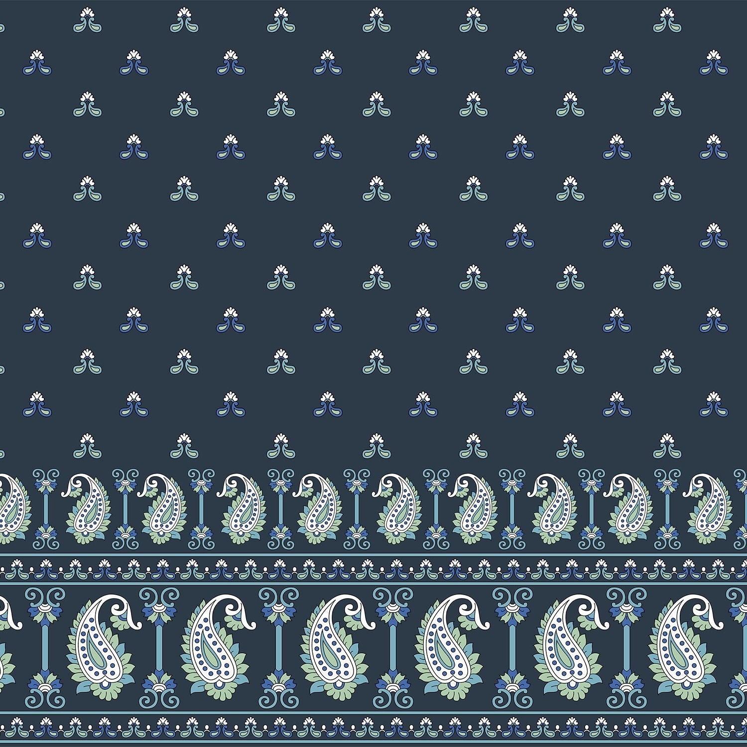 Beige background with repeating navy trefoil motifs and decorative paisley border trim design - view 18 - final