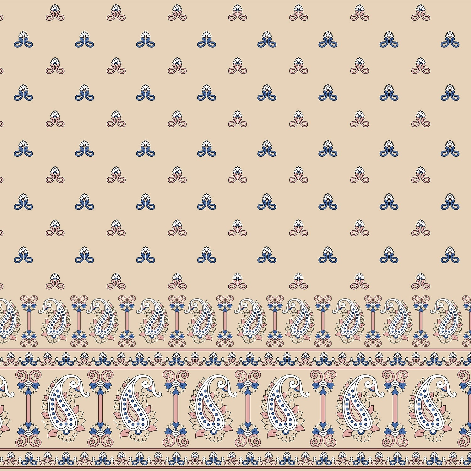 Beige background with repeating navy trefoil motifs and decorative paisley border trim design - view 2 - final