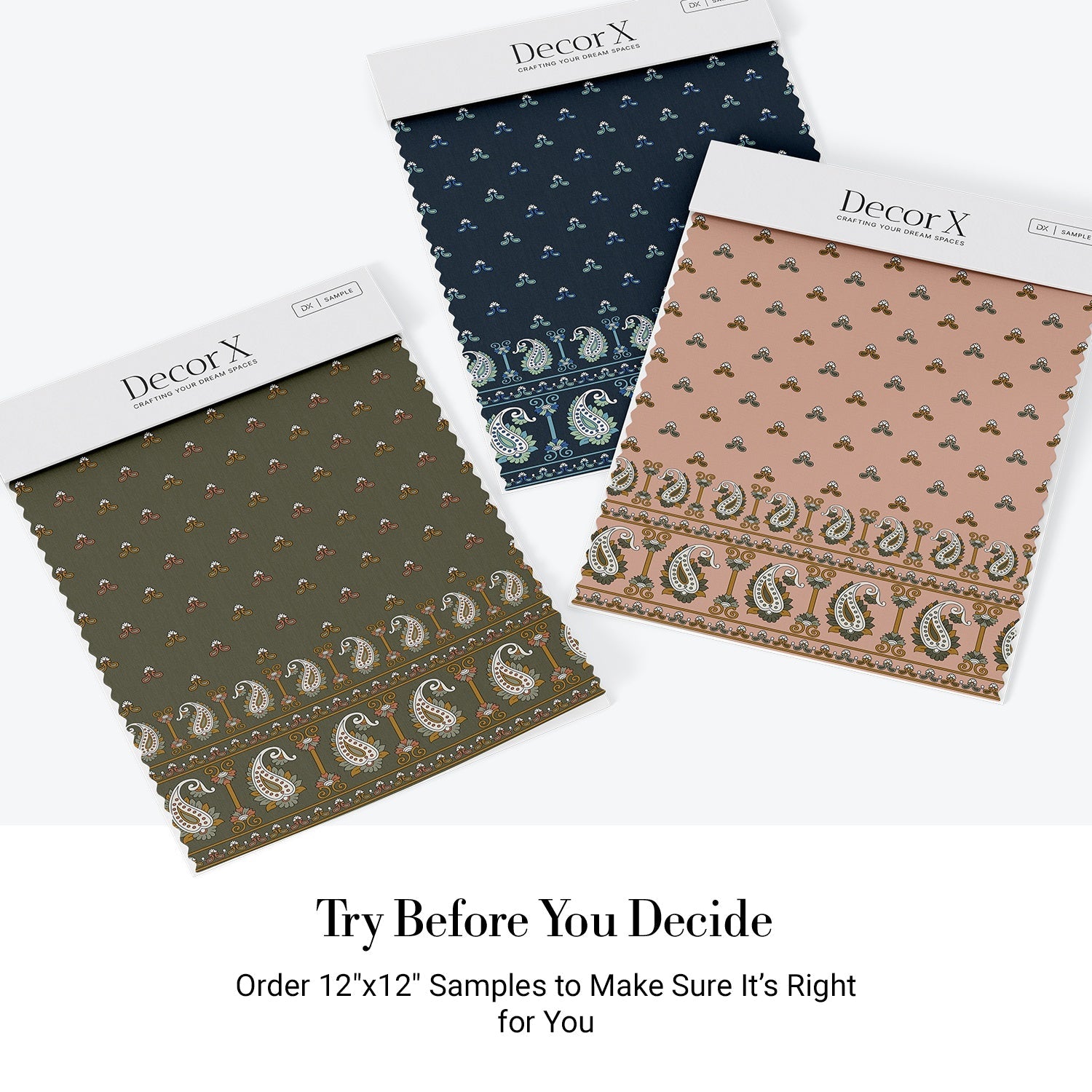 Beige background with repeating navy trefoil motifs and decorative paisley border trim design - view 21 - final all-groups samples