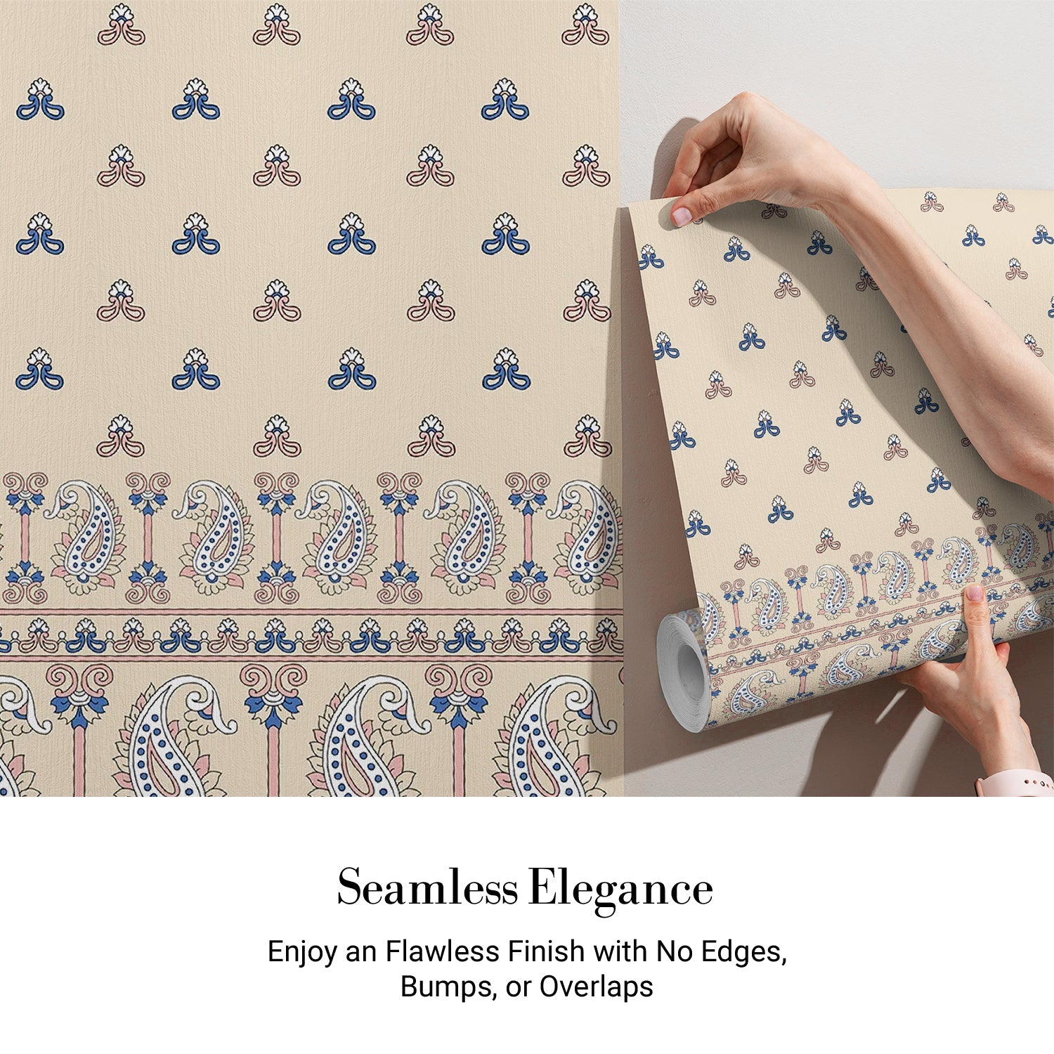 Beige background with repeating navy trefoil motifs and decorative paisley border trim design - view 3 - final