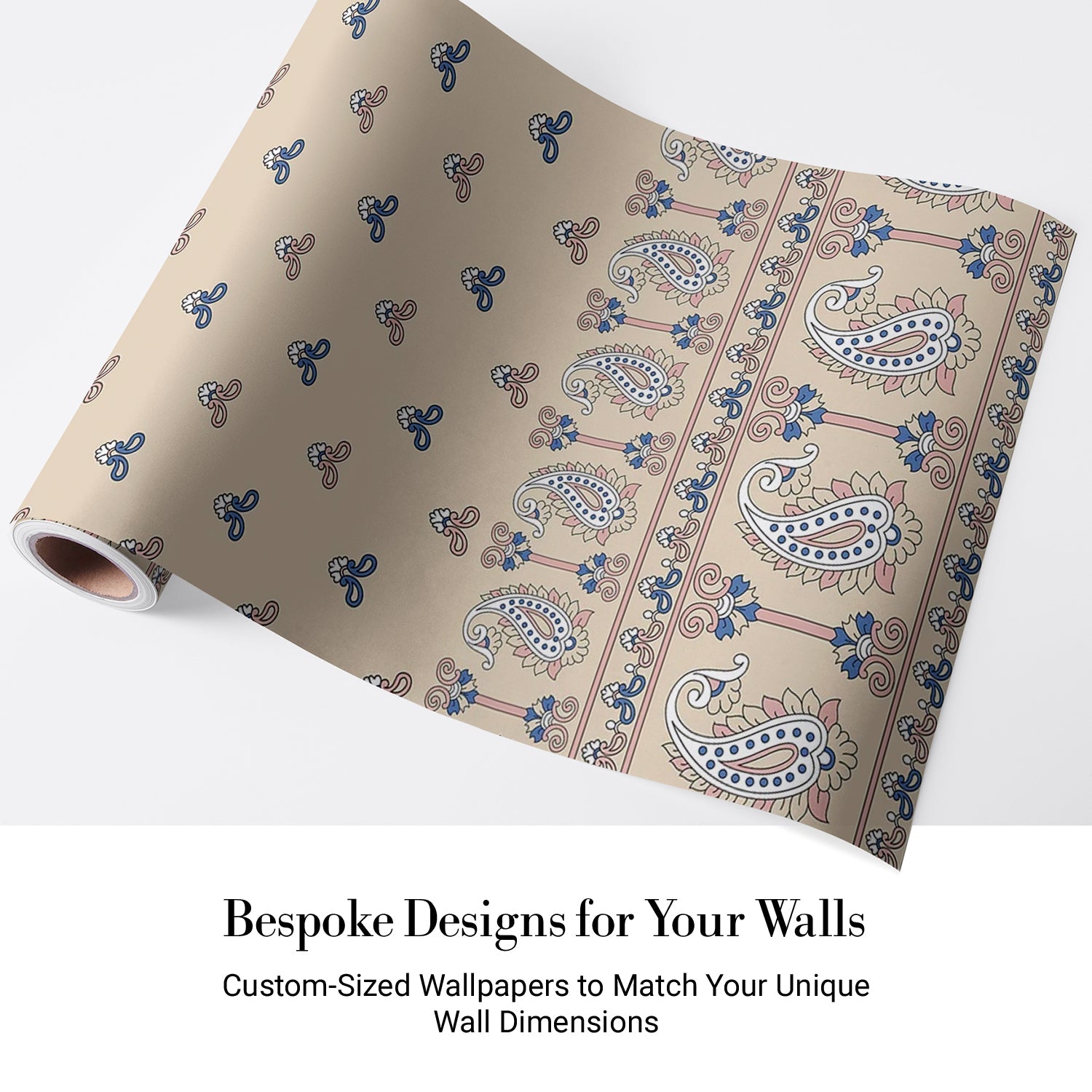 Beige background with repeating navy trefoil motifs and decorative paisley border trim design - view 4 - final