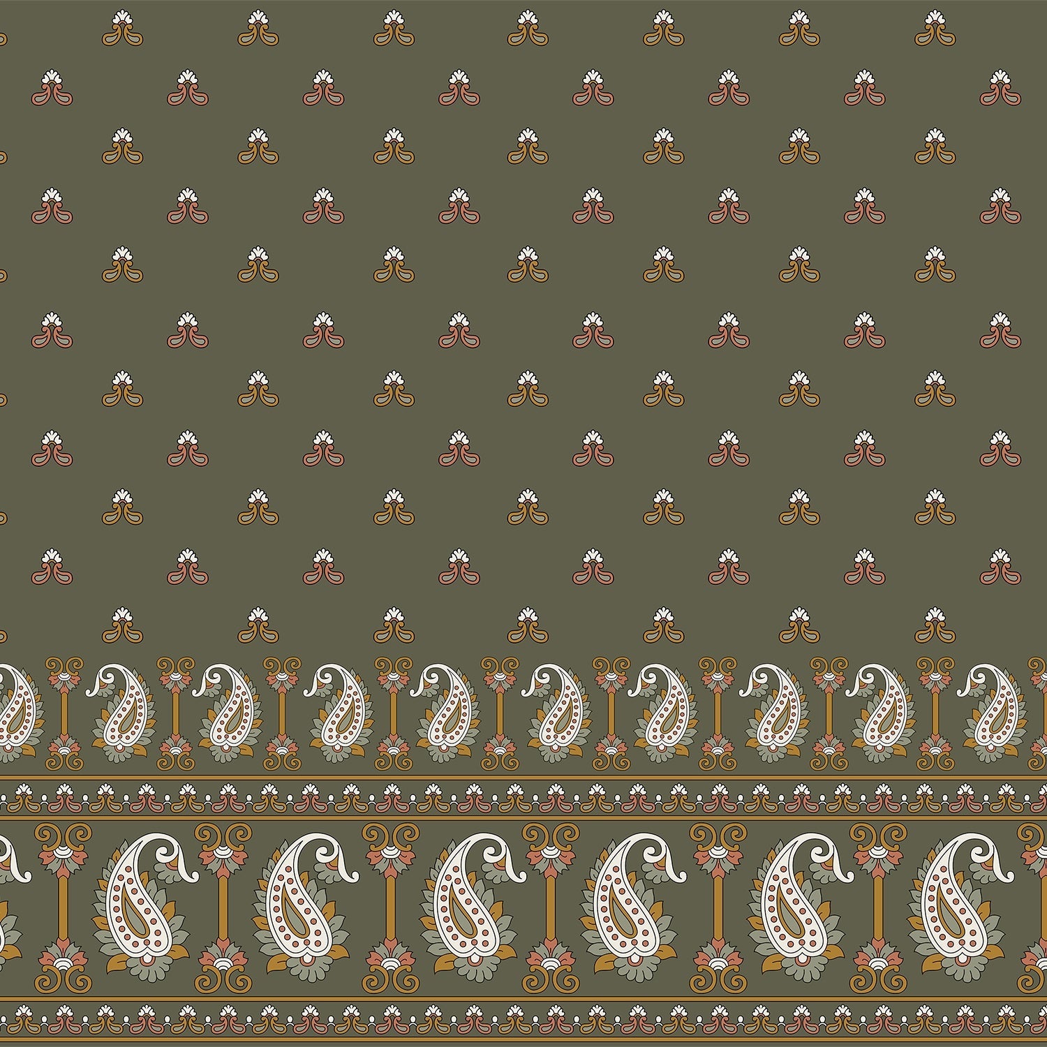 Beige background with repeating navy trefoil motifs and decorative paisley border trim design - view 8 - final