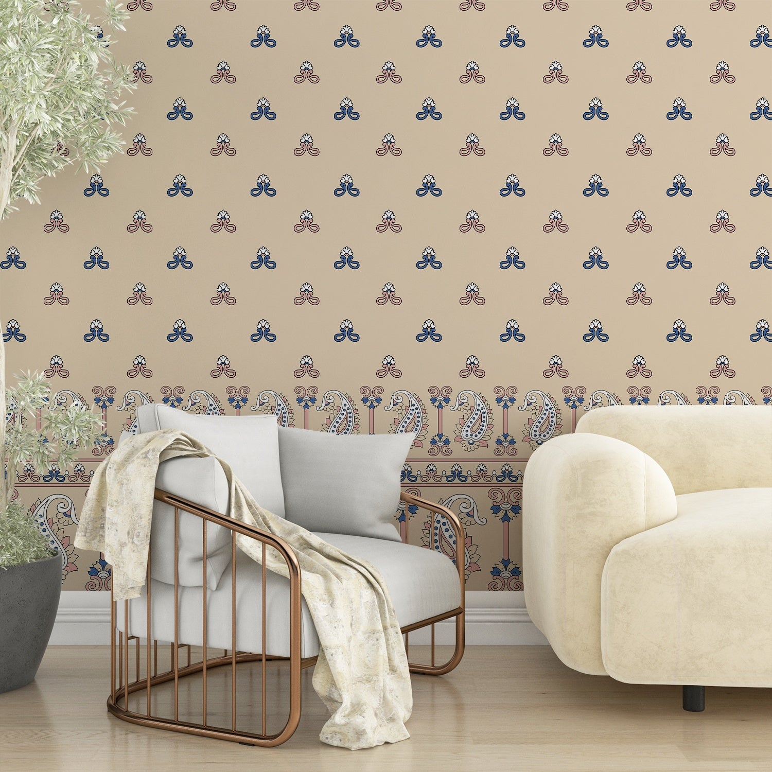 Beige background with repeating navy trefoil motifs and decorative paisley border trim design - final living-room